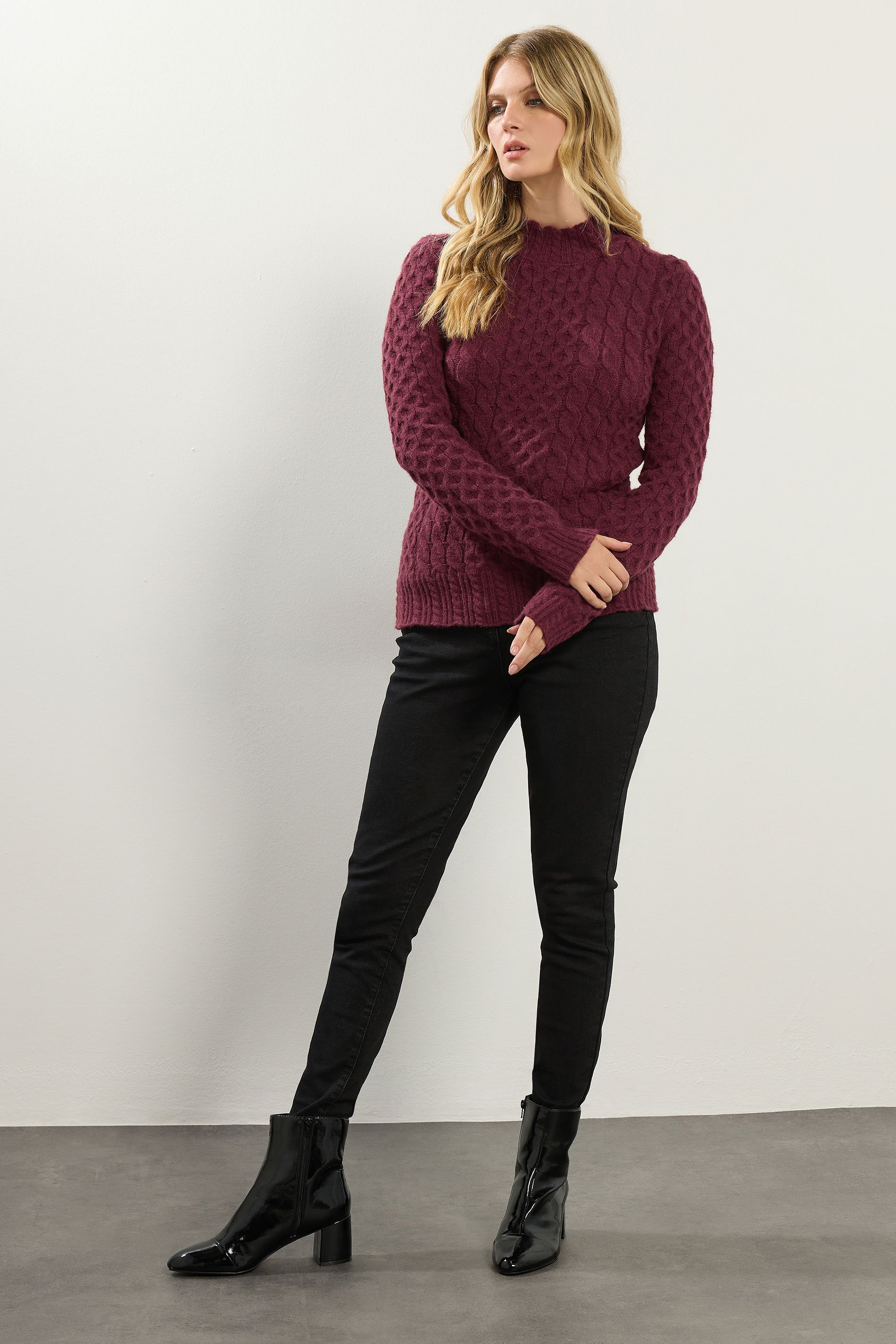 LTS Tall Burgundy Red Cable Knit Frill Jumper | Long Tall Sally 3