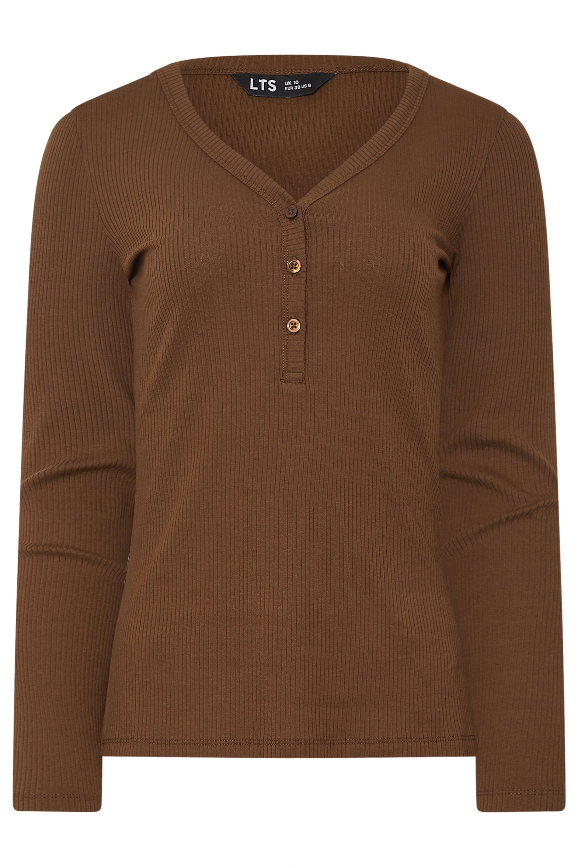 LTS Tall Chocolate Brown Cotton Ribbed Henley Top | Long Tall Sally 6
