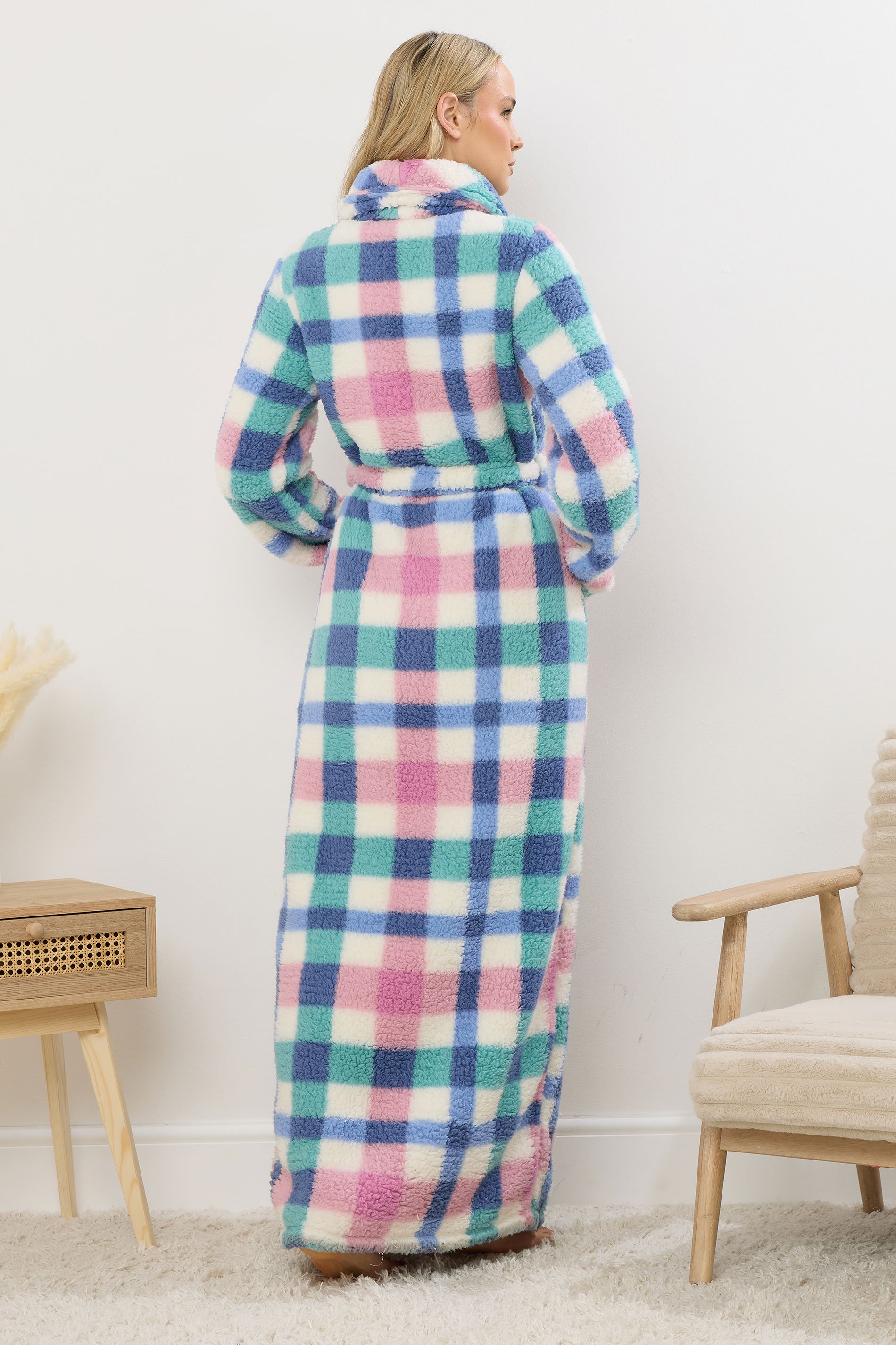 LTS Tall Blue & Pink Check Shawl Dressing Gown | Long Tall Sally 4