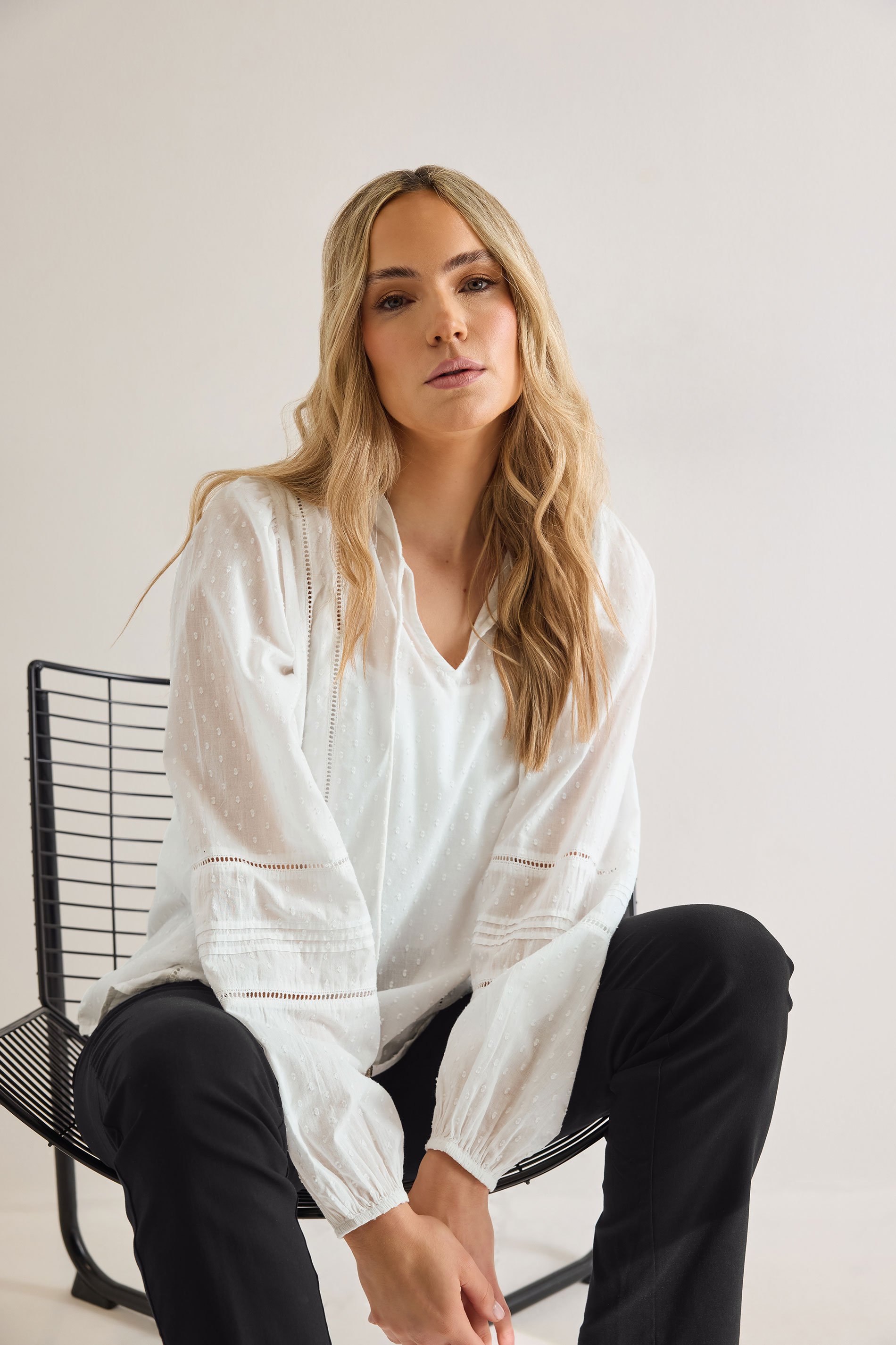 LTS Tall White Cotton Dobby Tie Neck Blouse | Long Tall Sally 2