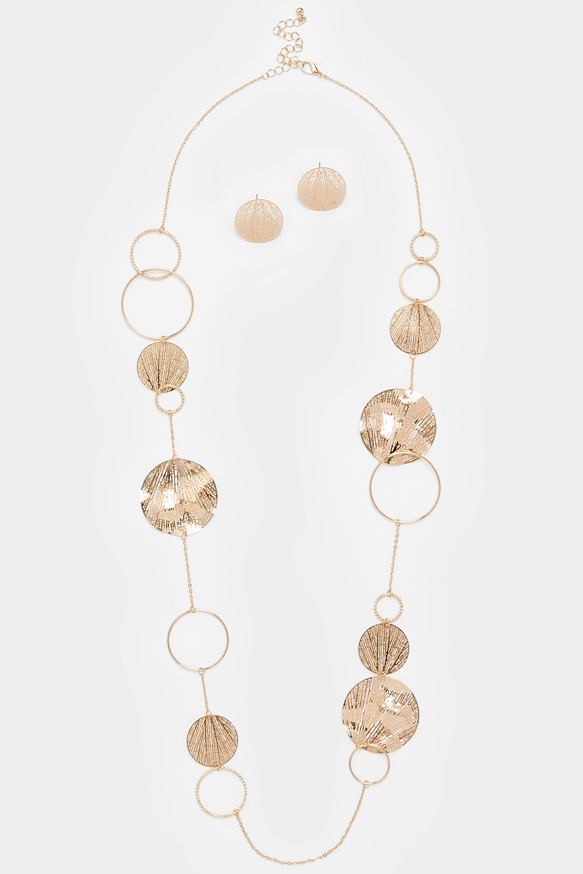 Gold Tone Long Circle Necklace & Earrings Set | Yours Clothing 3