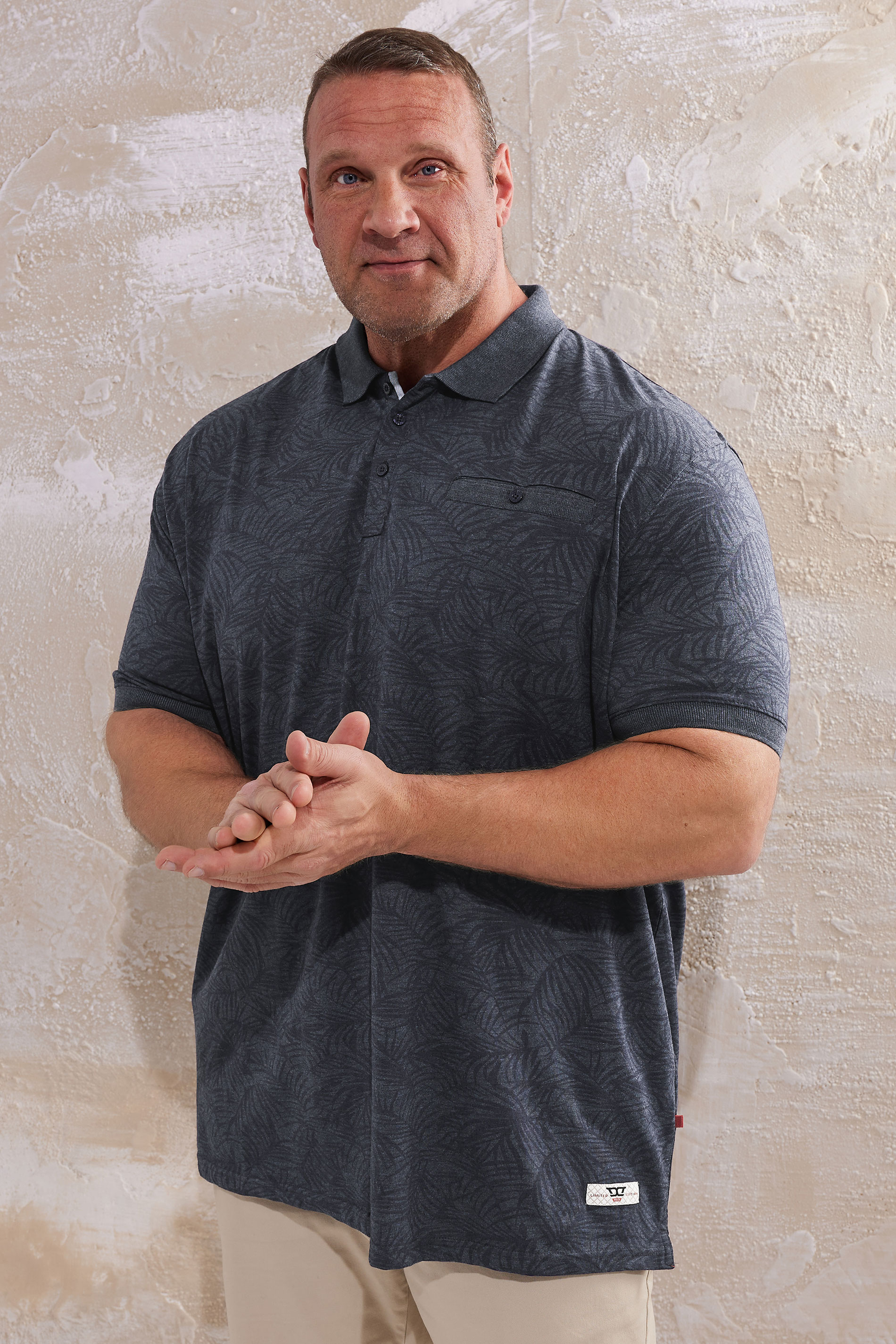 D555 Big & Tall Navy Blue Leaf Print Polo Shirt | BadRhino 1