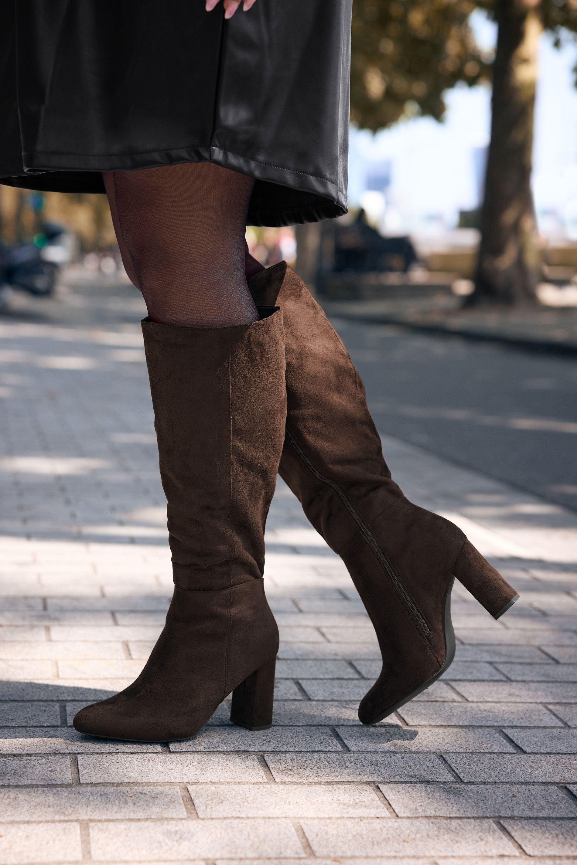 Chocolate Brown Faux Suede Heeled Knee High Boot In Extra Wide EEE Fit | Yours Clothing 1