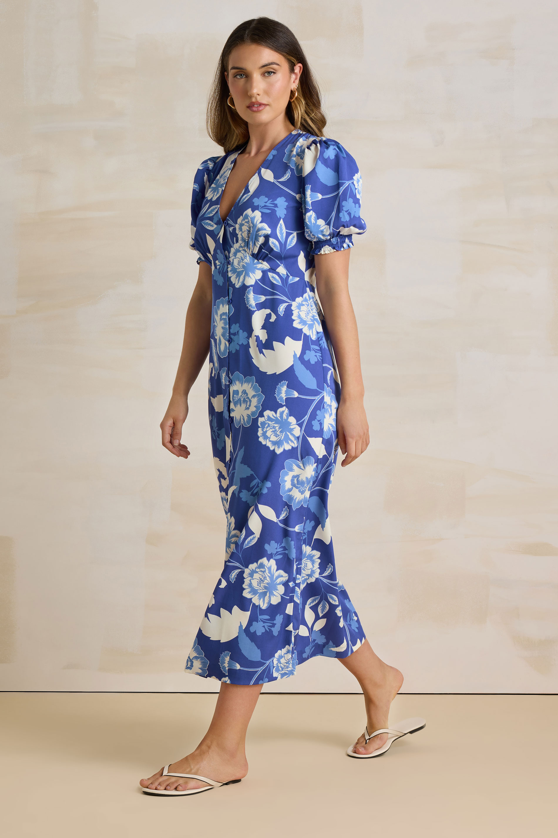 LTS Tall Blue Floral Puff Sleeve Midi Tea Dress | Long Tall Sally 2
