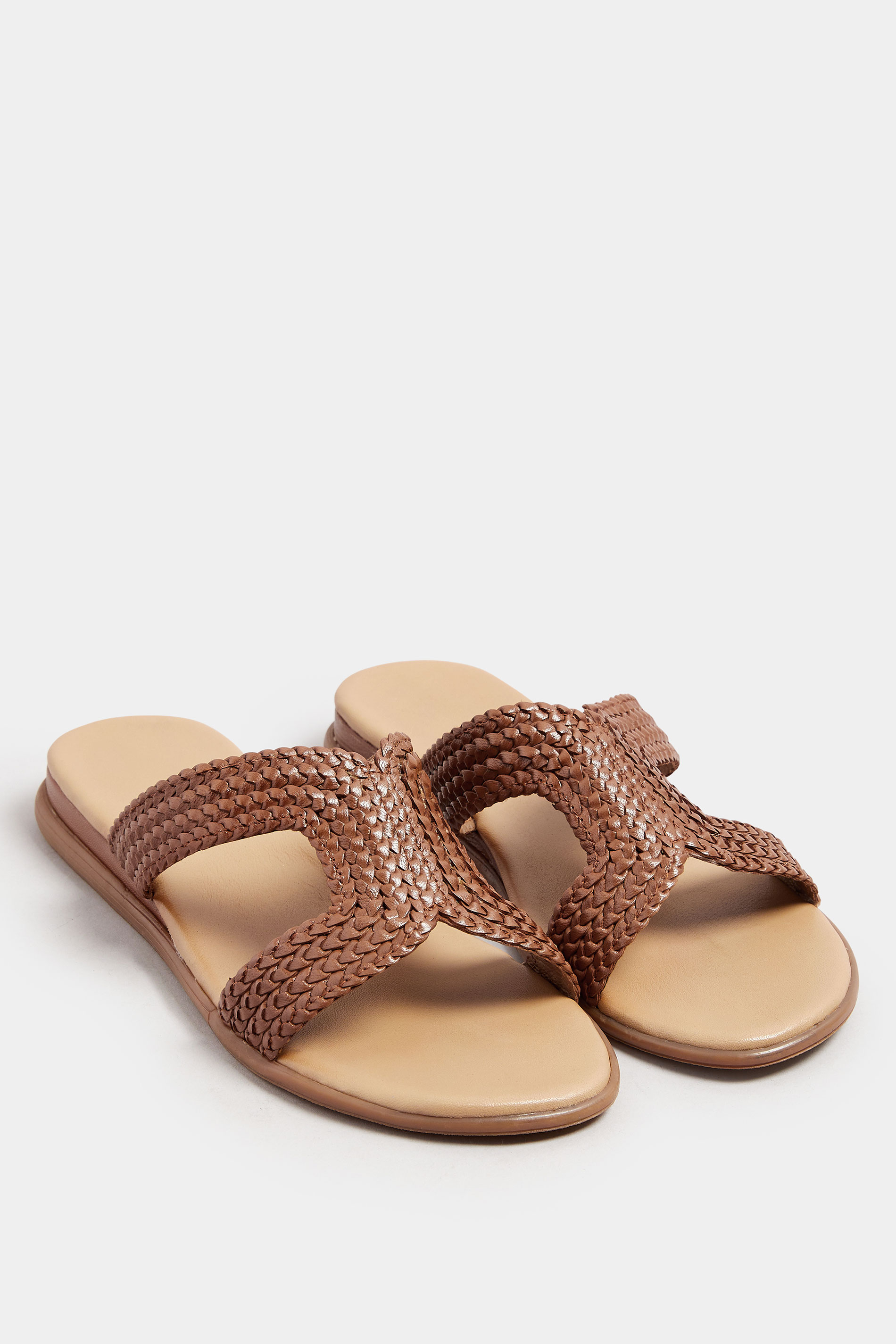 Brown Leather Woven Wedge Mule Sandals In Extra Wide EEE Fit | Yours Curve 2