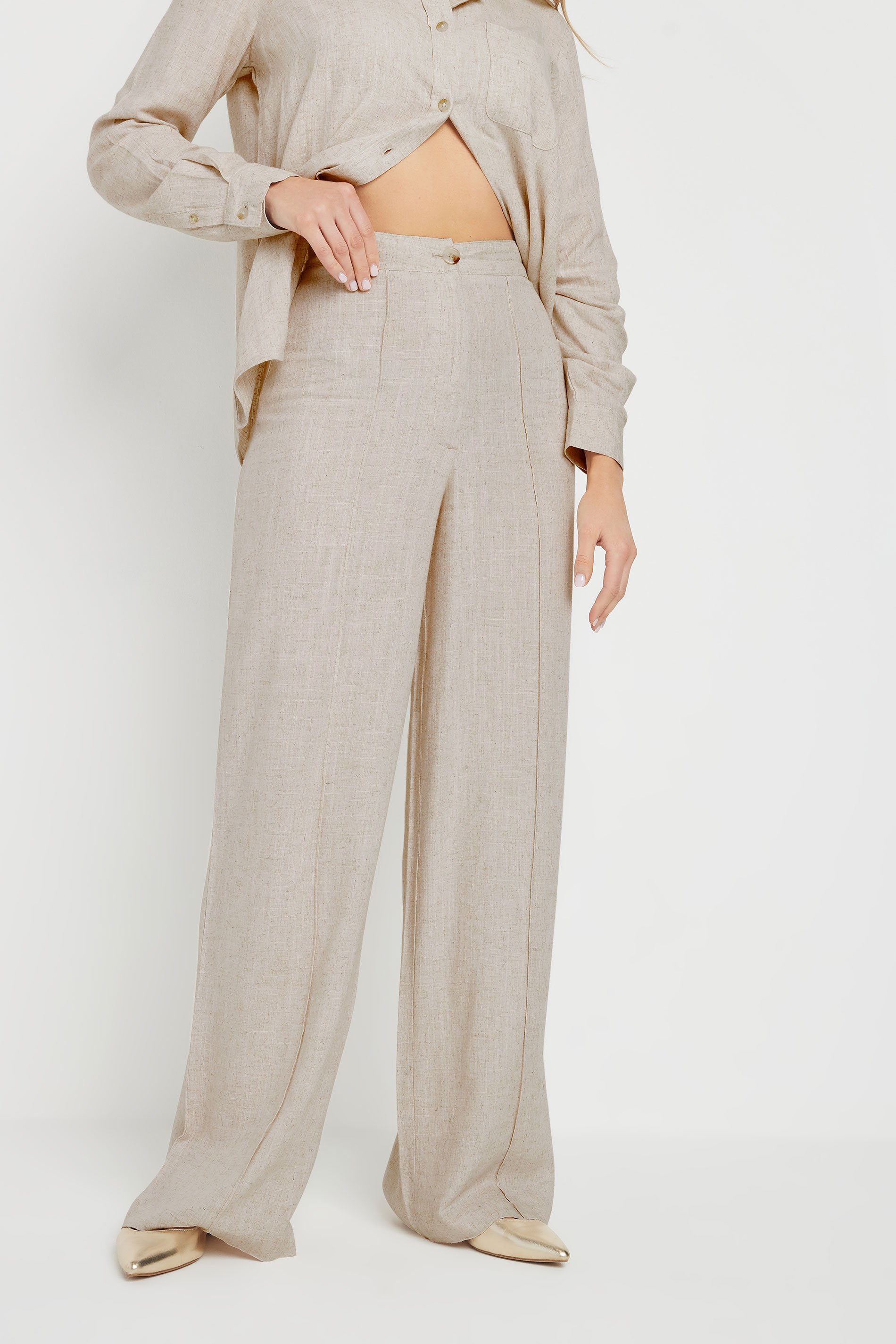 LTS Tall Stone Brown Linen Pleated Wide Leg Trousers | Long Tall Sally 3