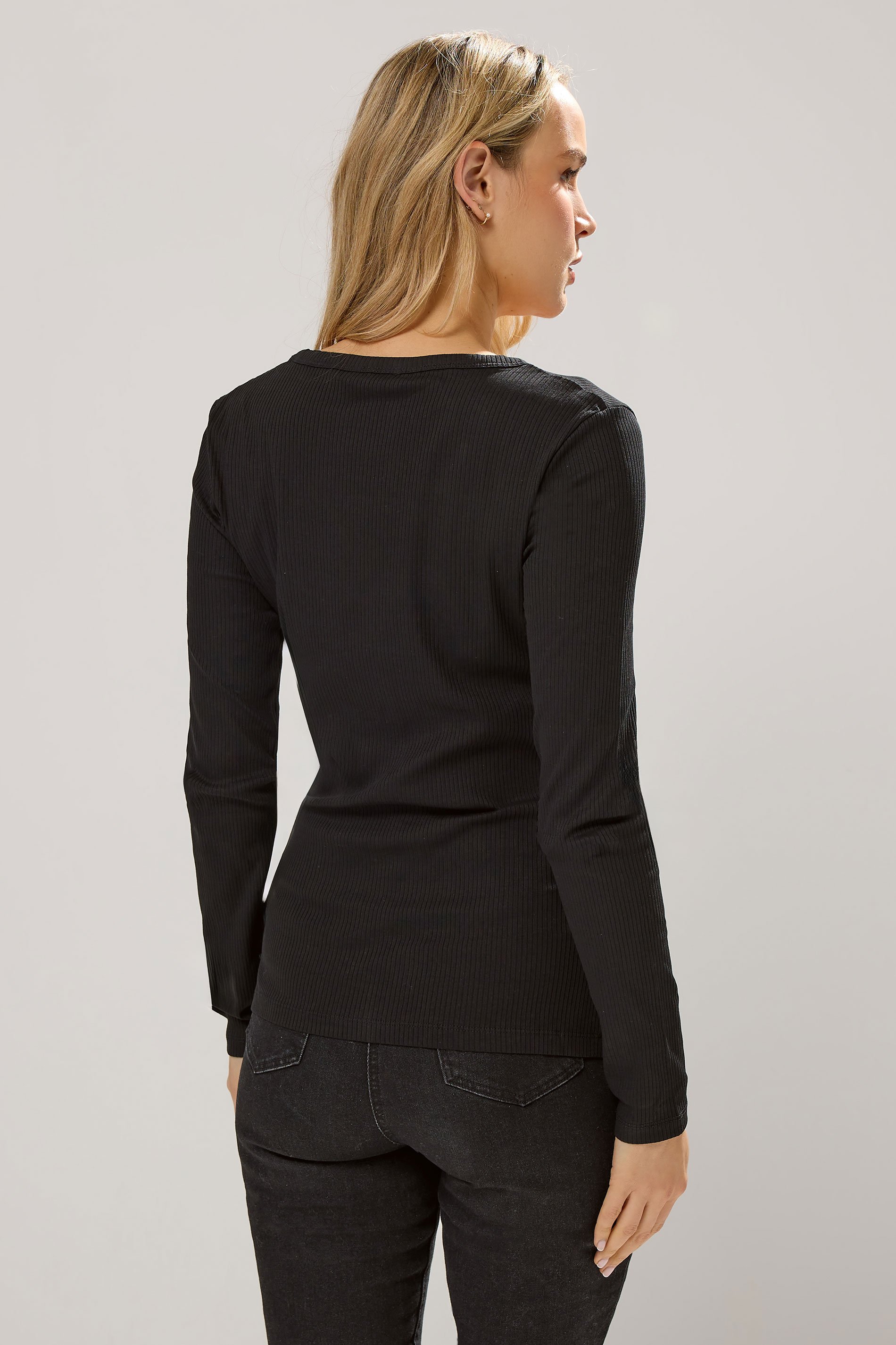 LTS Tall Black Cotton Ribbed Henley Top | Long Tall Sally 3