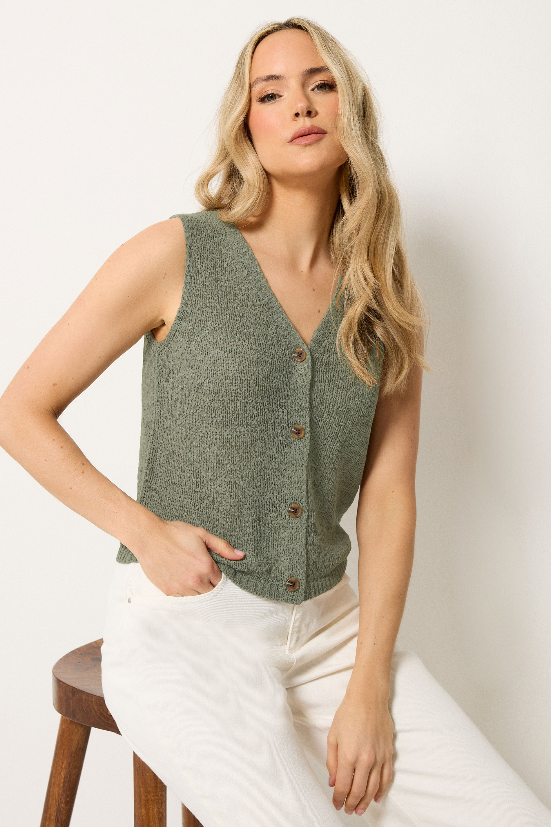 LTS Tall Women's Sage Green Button Knitted Vest Top | Long Tall Sally 1