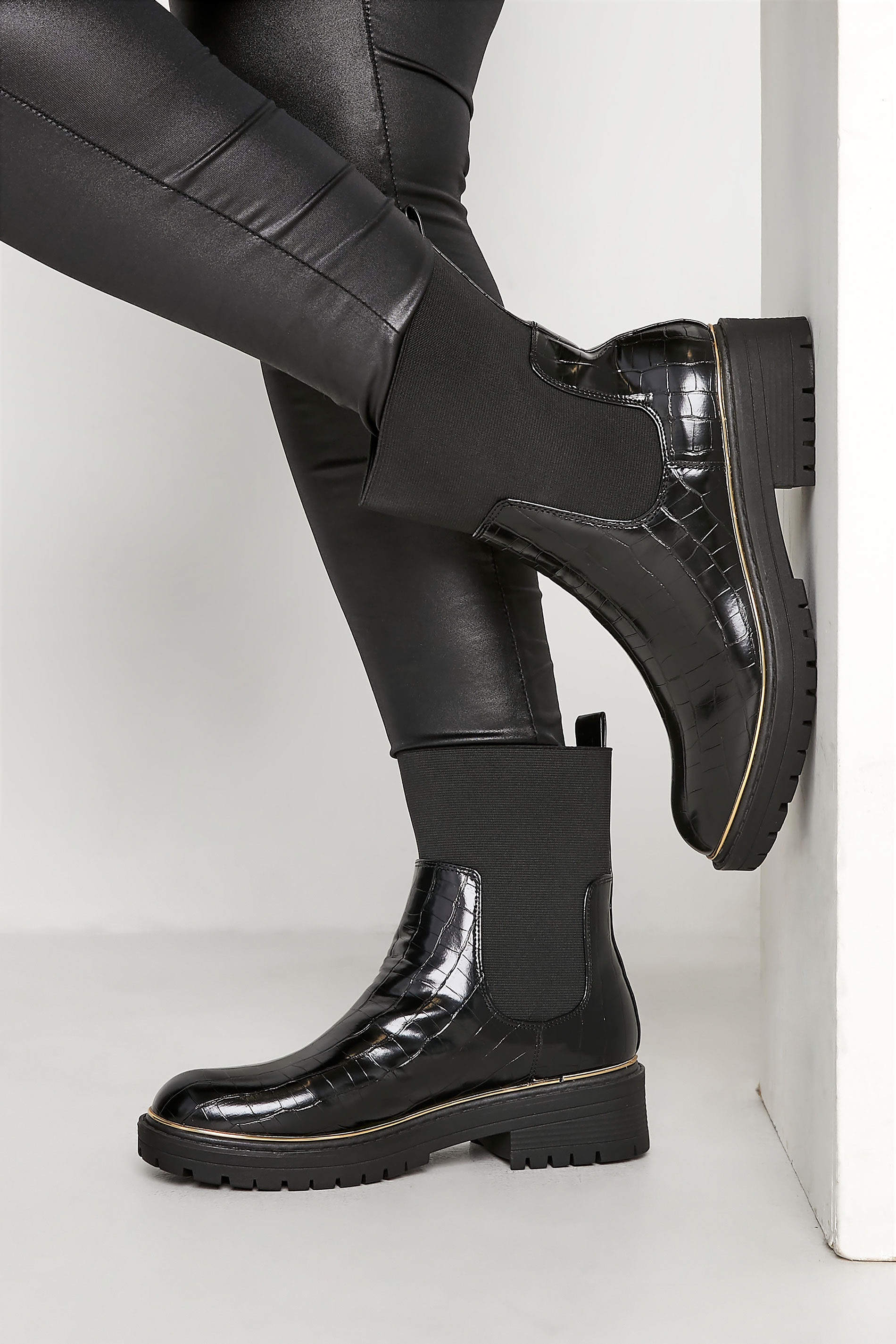Plus Size LIMITED COLLECTION Black Croc Leather Look Ankle Boots In Standard Fit | Yours Clothing 1