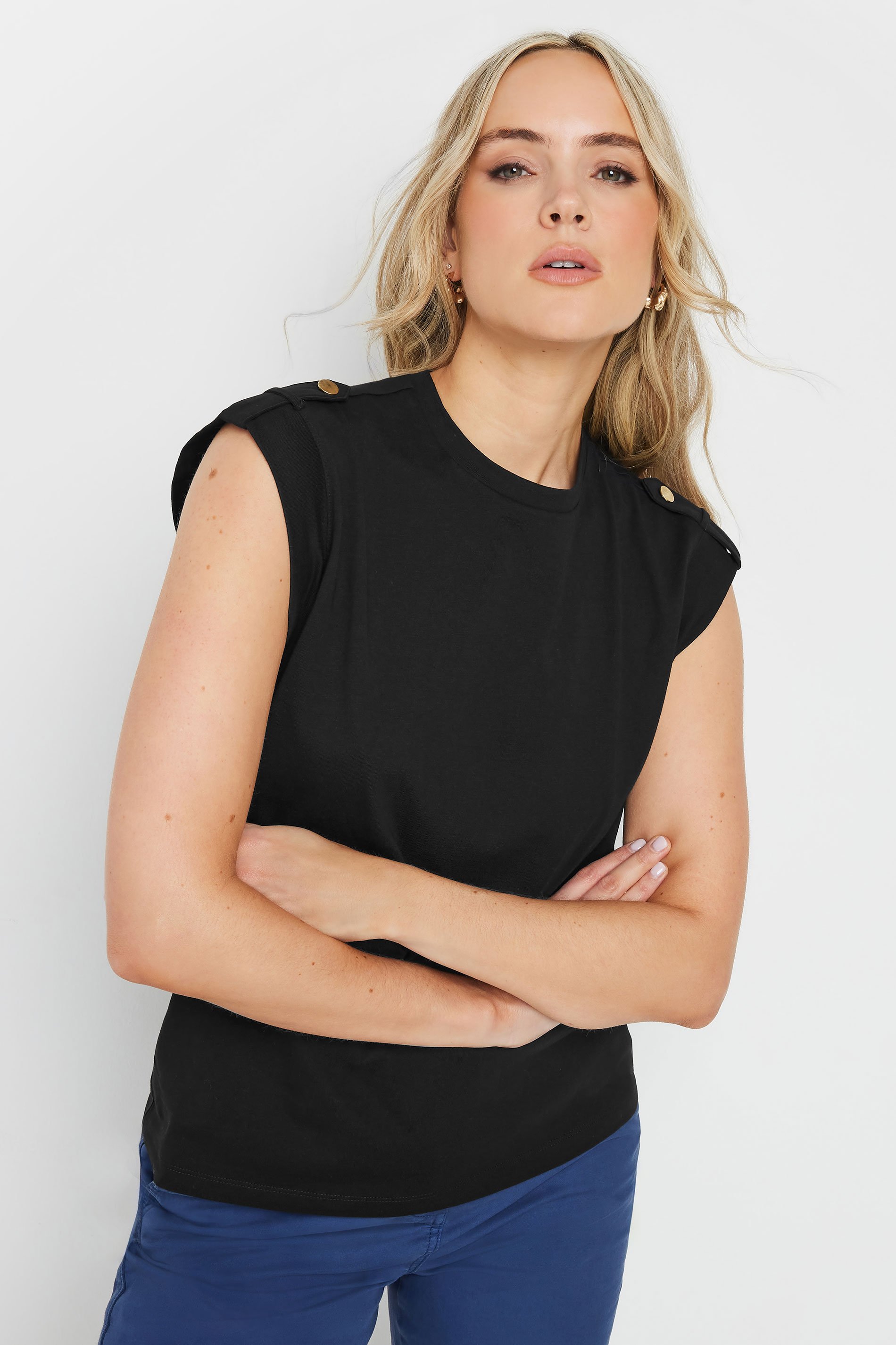 LTS Tall Black Cotton Shoulder Tab T-Shirt | Long Tall Sally 1