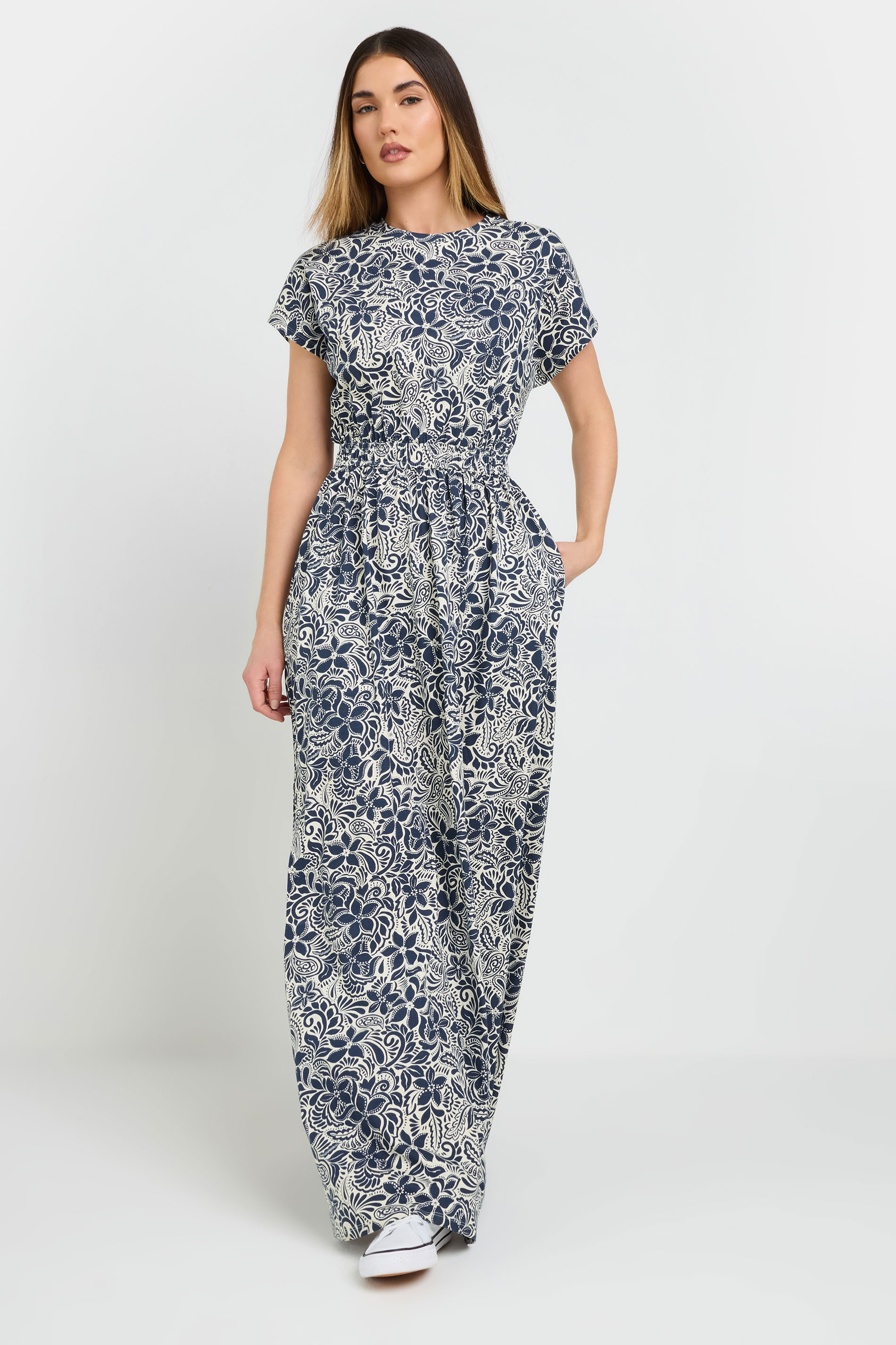 LTS Tall Navy Blue Floral Jersey Shirred Waist Maxi Dress | Long Tall Sally 3