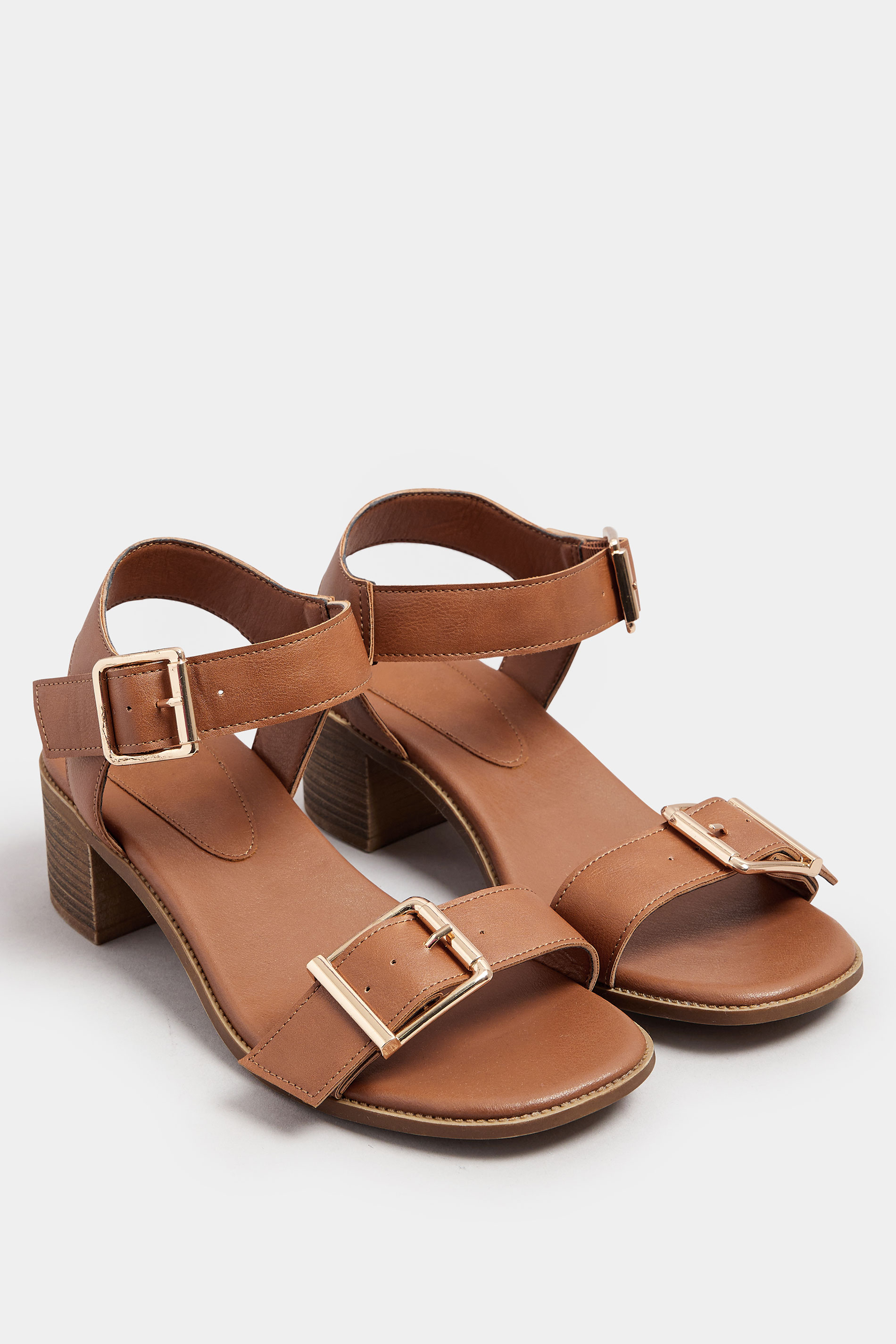 Brown Faux Leather Buckle Block Heel Sandals In Extra Wide EEE Fit | Yours Clothing 2