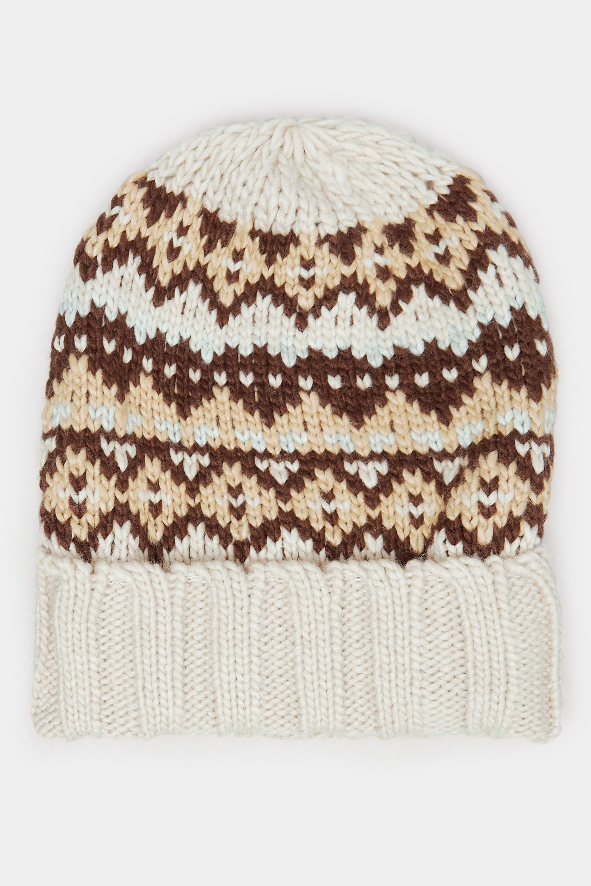 Natural Brown Fairisle Beanie Hat | Yours Clothing 2
