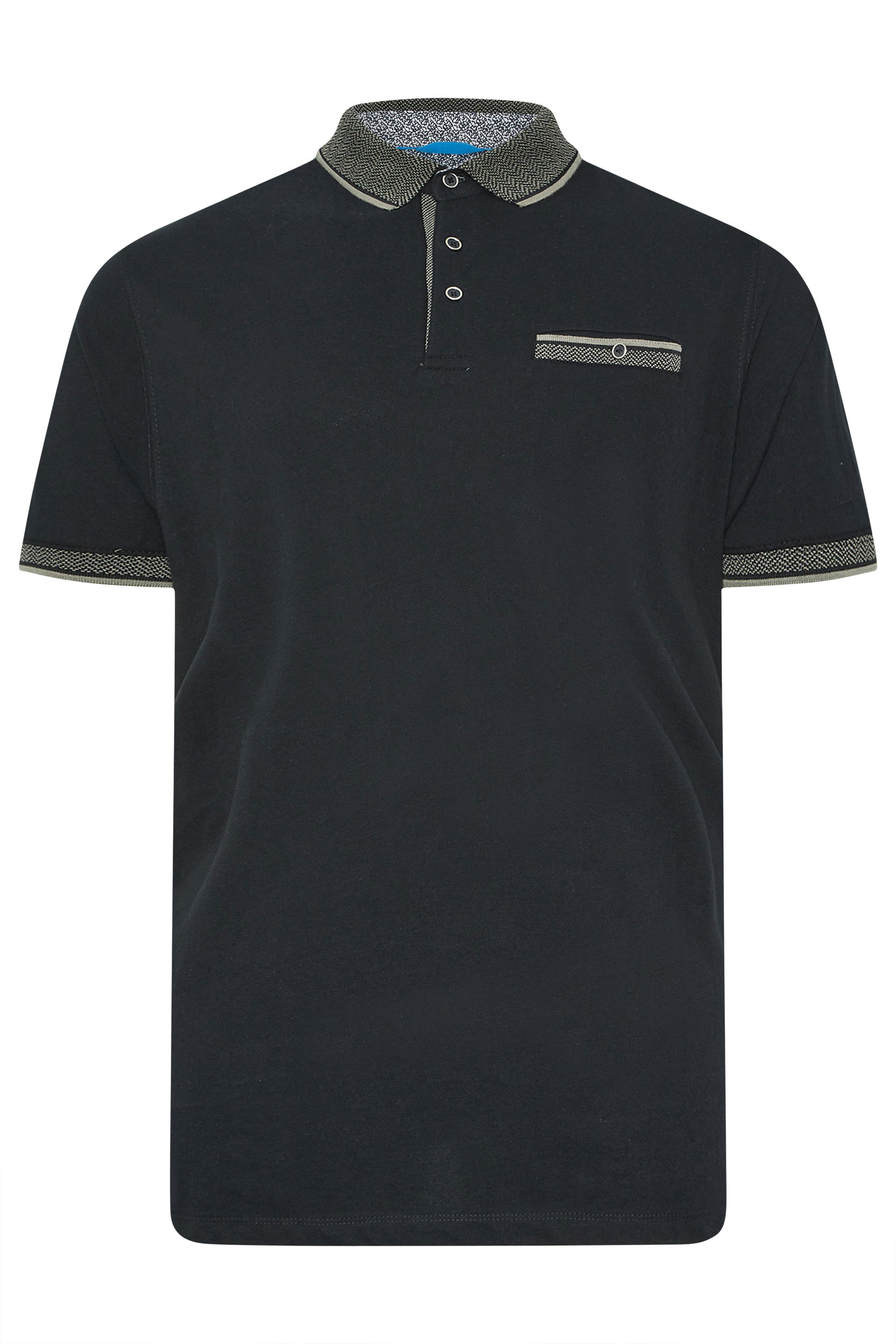 D555 Big & Tall Navy Blue Pique Jacquard Collar Tipped Polo Shirt | BadRhino 3