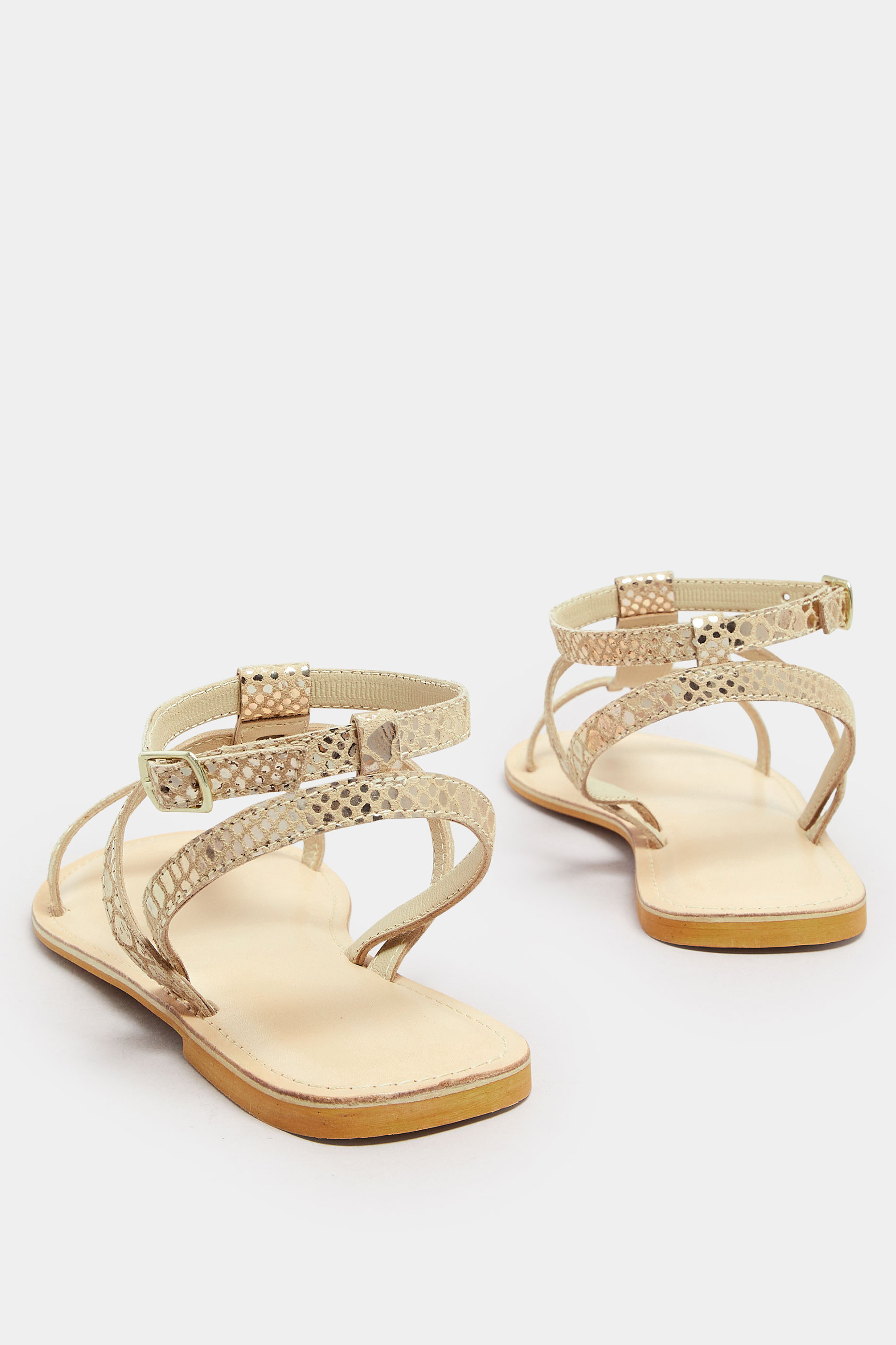 LTS Gold Leather Snake Strap Flat Sandals In Standard Fit | Long Tall Sally 6