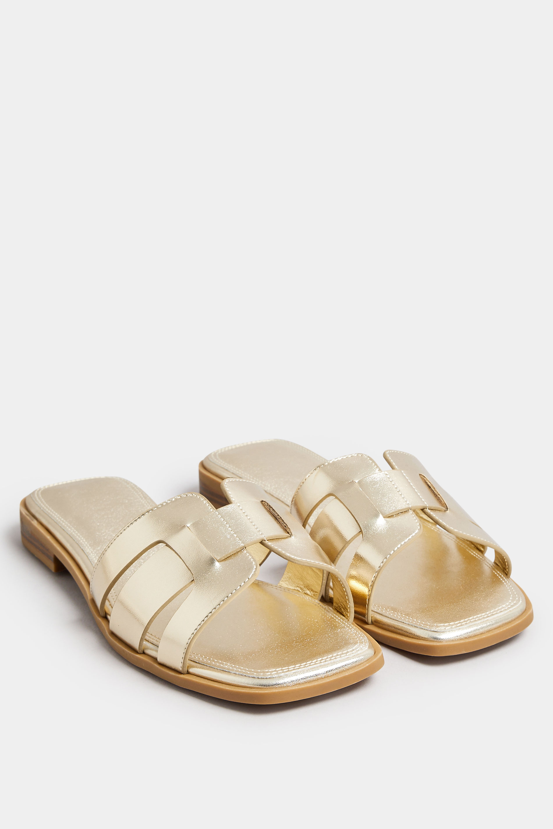 Gold Cut Out Mule Sandals In Extra Wide EEE Fit | Yours Clothing 2