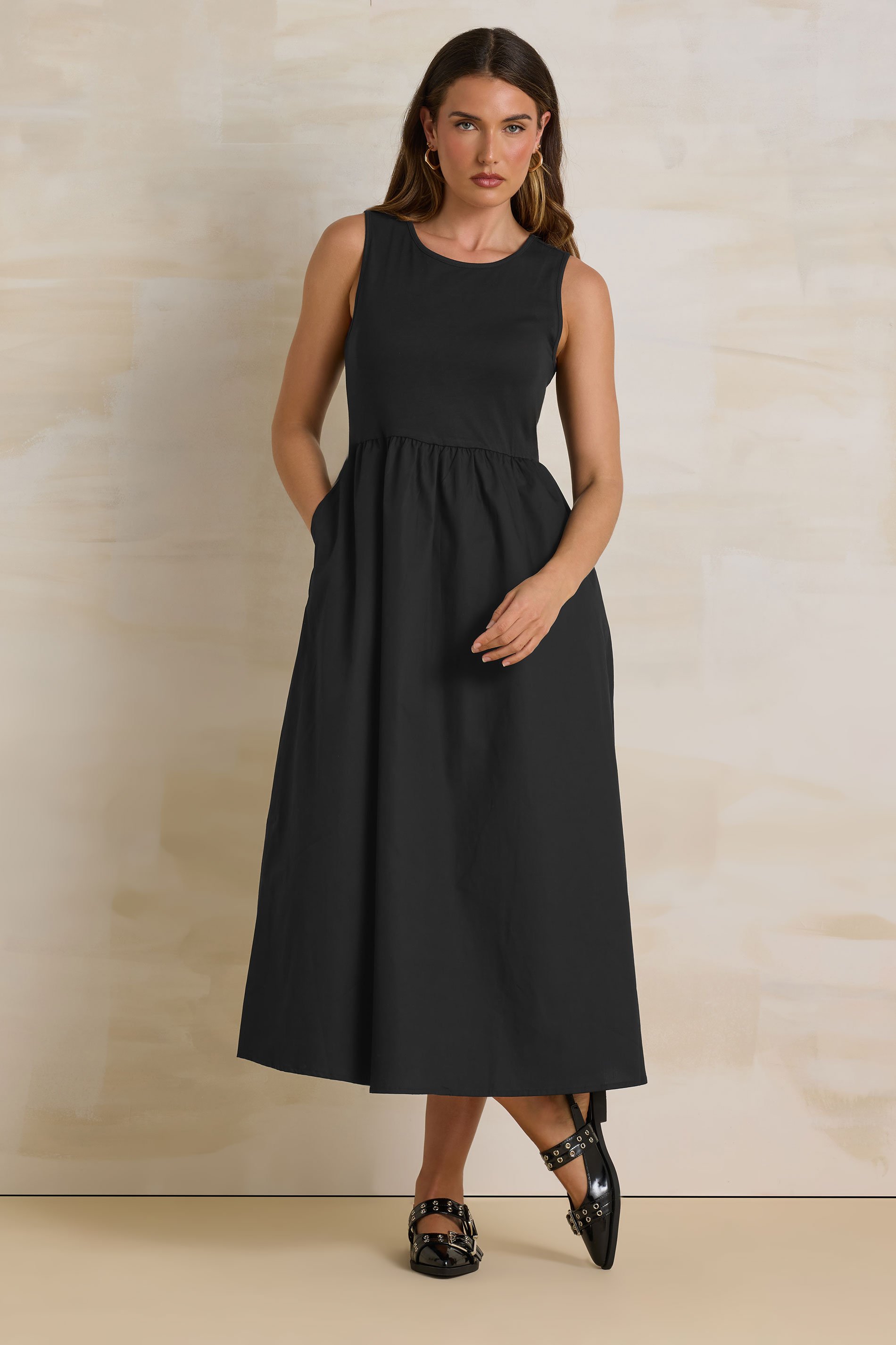 LTS Tall Black Jersey & Woven Mix Fabric Midi Dress | Long Tall Sally 1