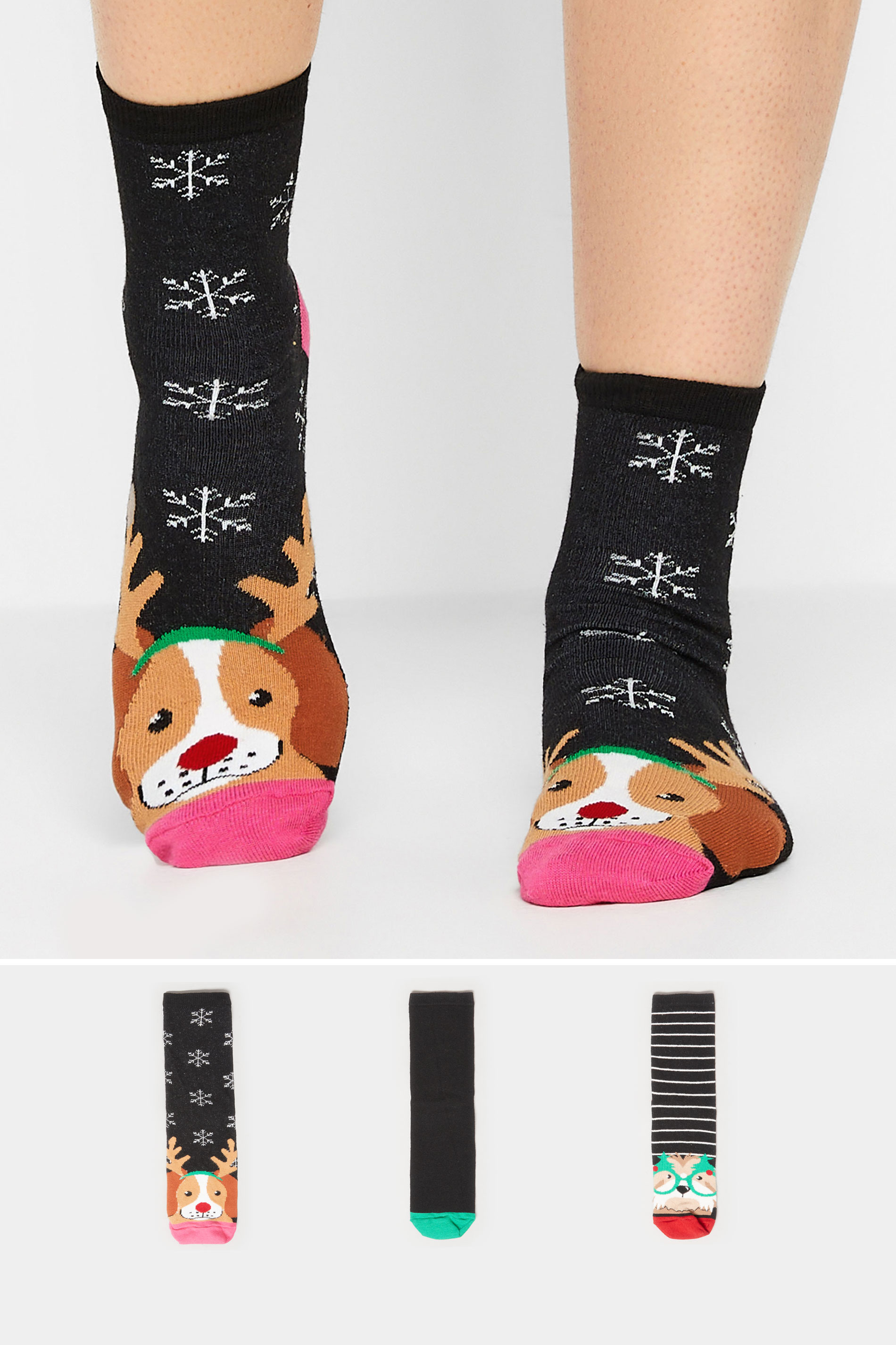 LTS 3 PACK Black Christmas Dog Novelty Ankle Socks | Long Tall Sally 1