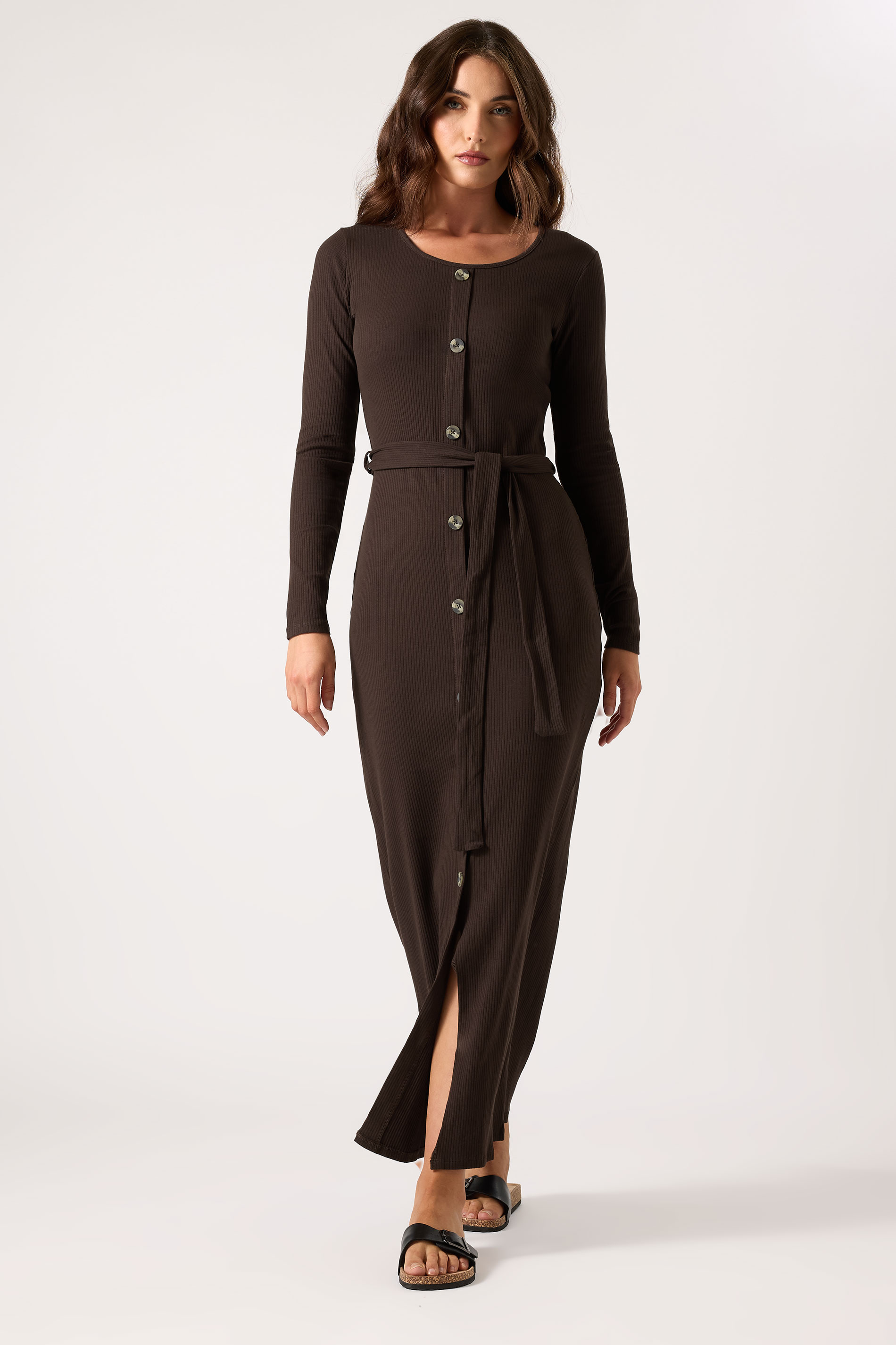 LTS Tall Chocolate Brown Ribbed Button Maxi Dress | Long Tall Sally 2