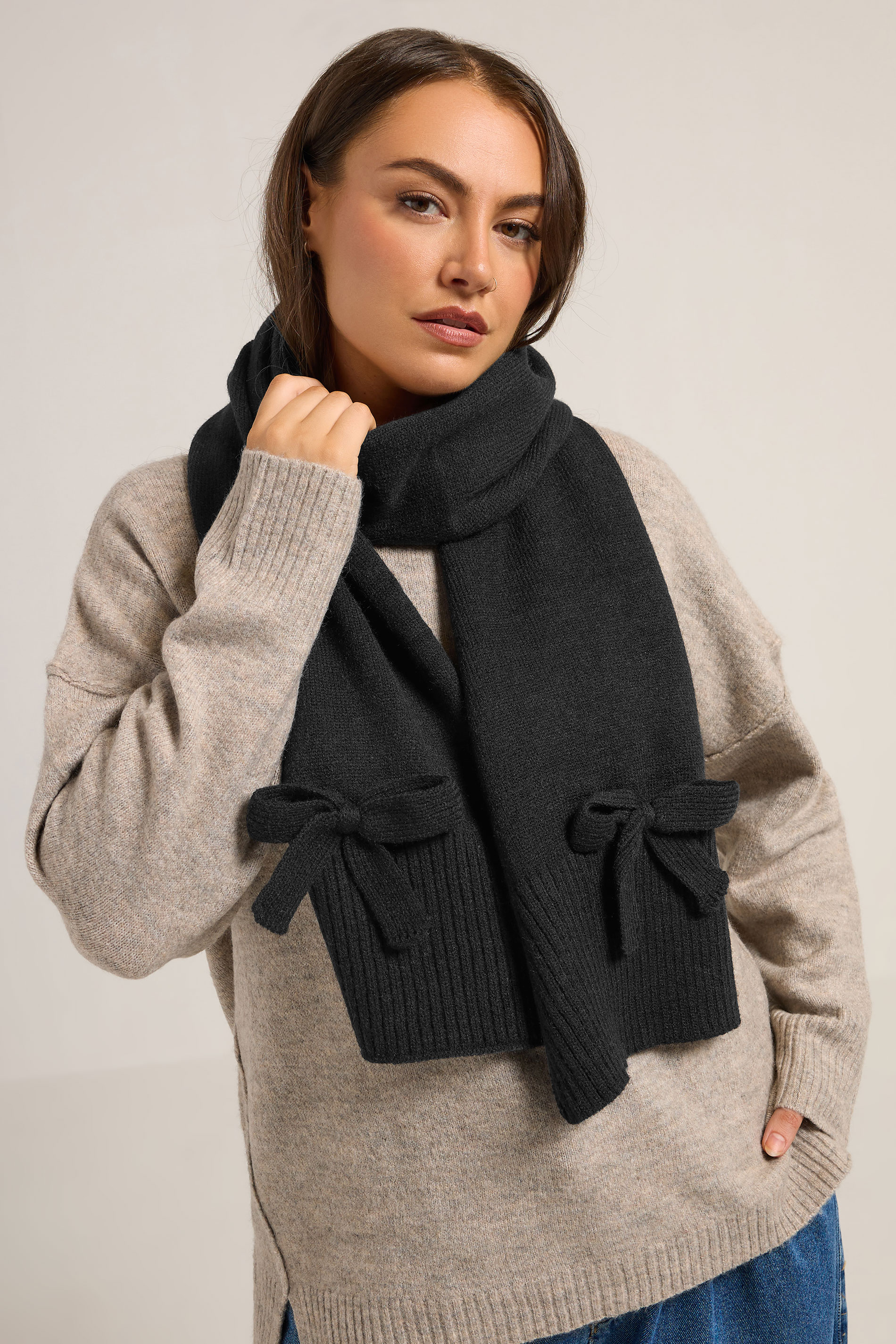 Black Bow Detail Knitted Scarf | Yours Clothing 1