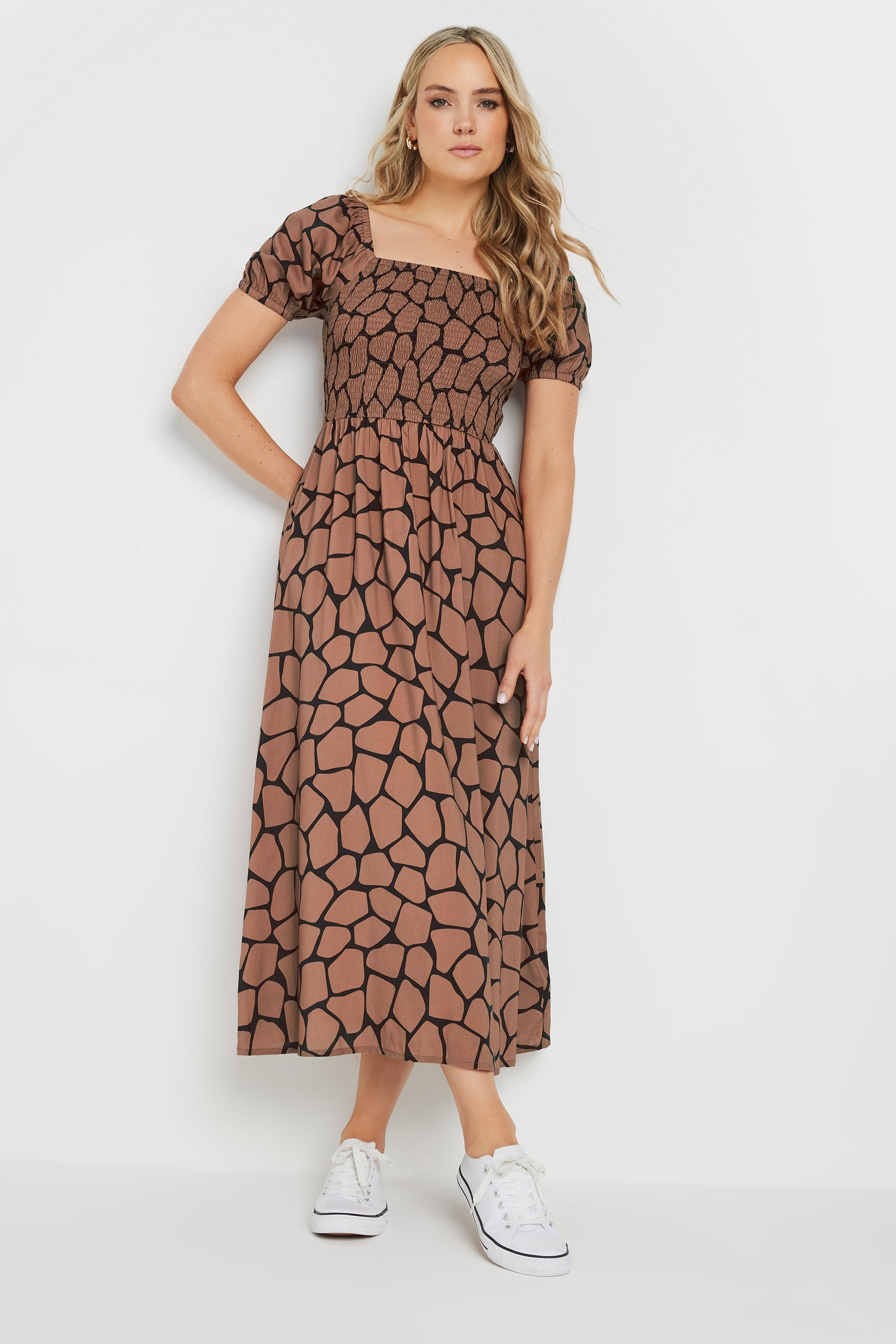 LTS Tall Rust Orange Giraffe Shirred Midi Dress | Long Tall Sally 1