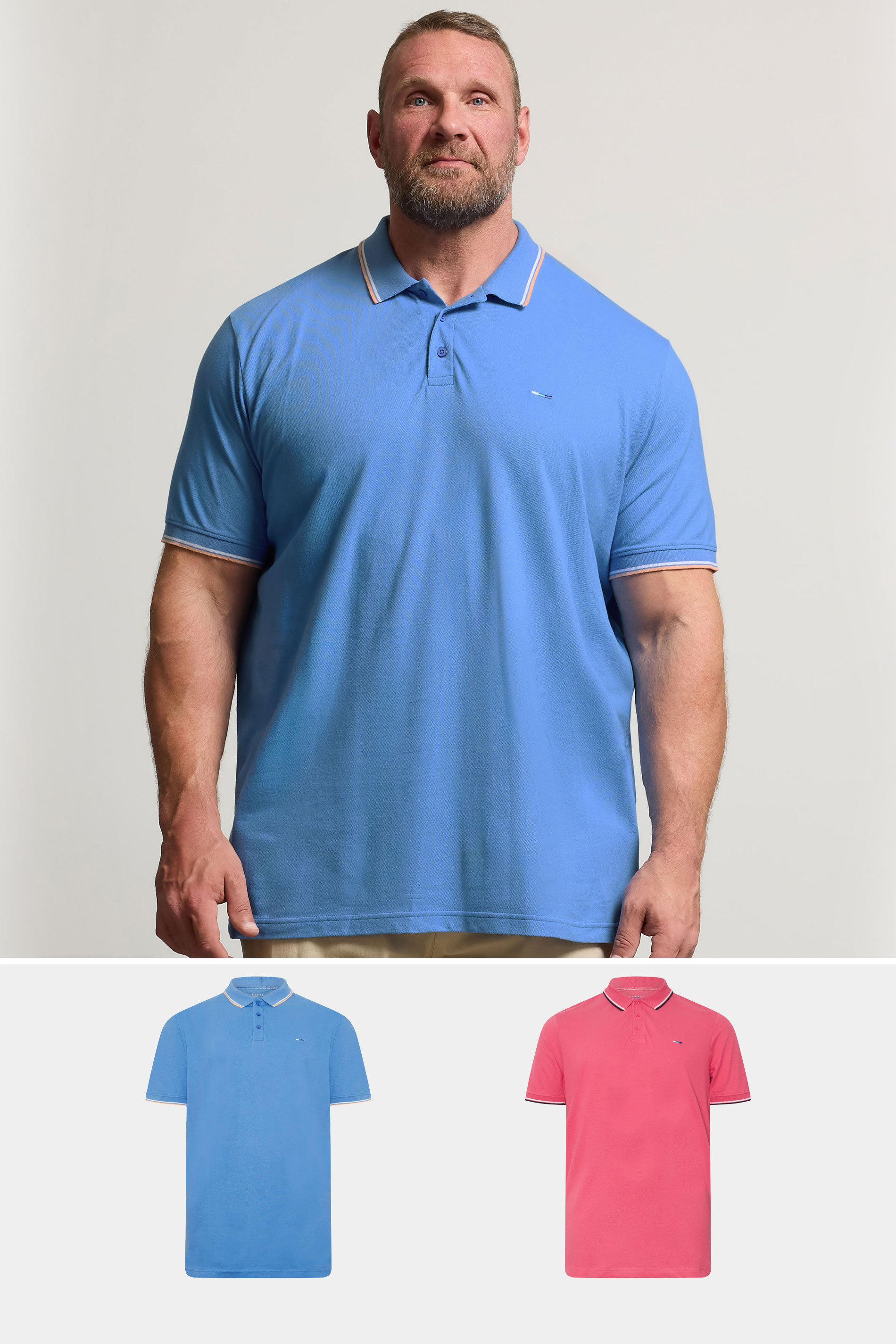 BadRhino Big & Tall 2 PACK Pink & Marina Blue Tipped Polo Shirts | BadRhino 1