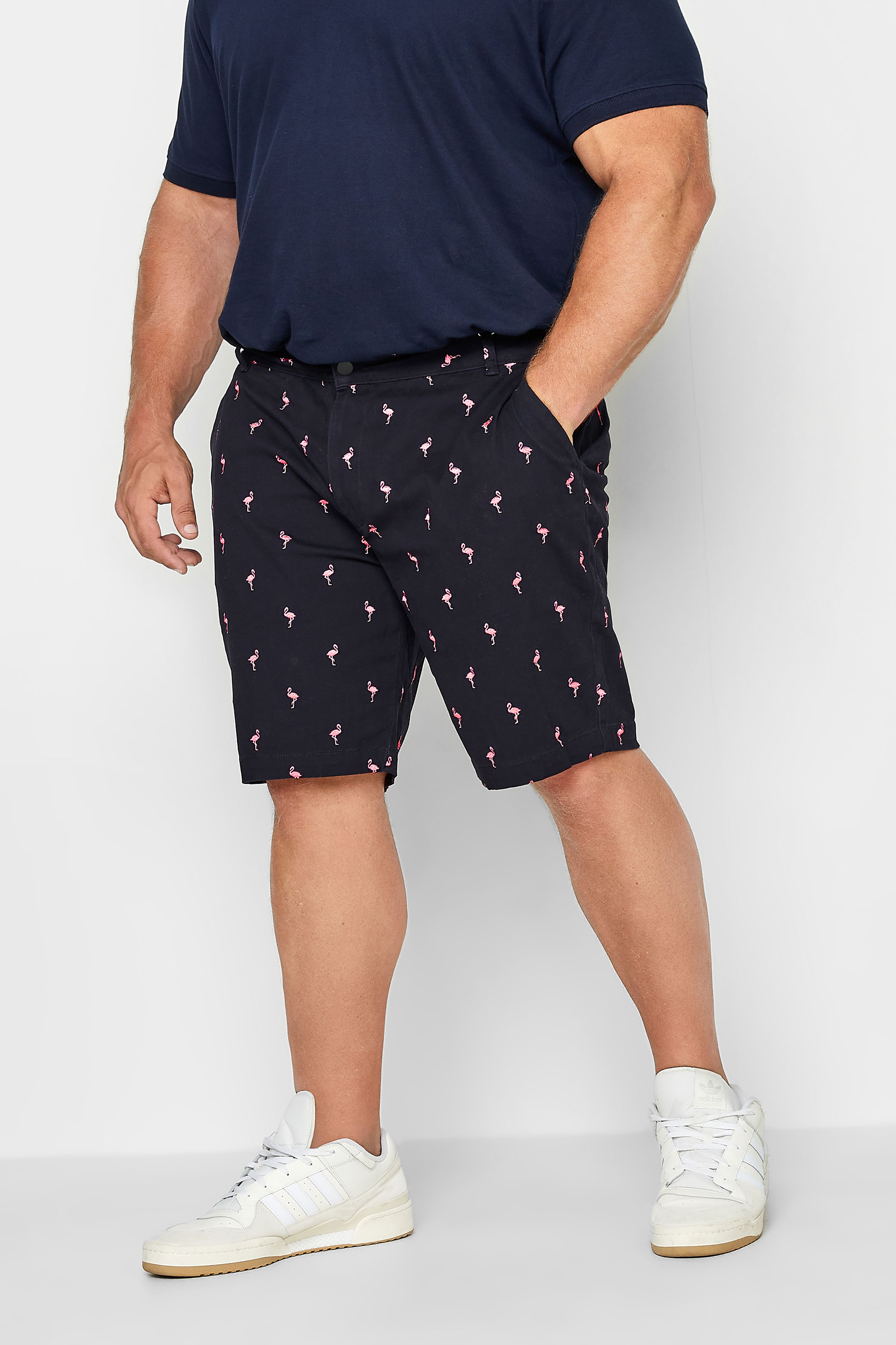BadRhino Big & Tall Navy Blue Flamingo Embroidered Stretch Chino Shorts | BadRhino 1