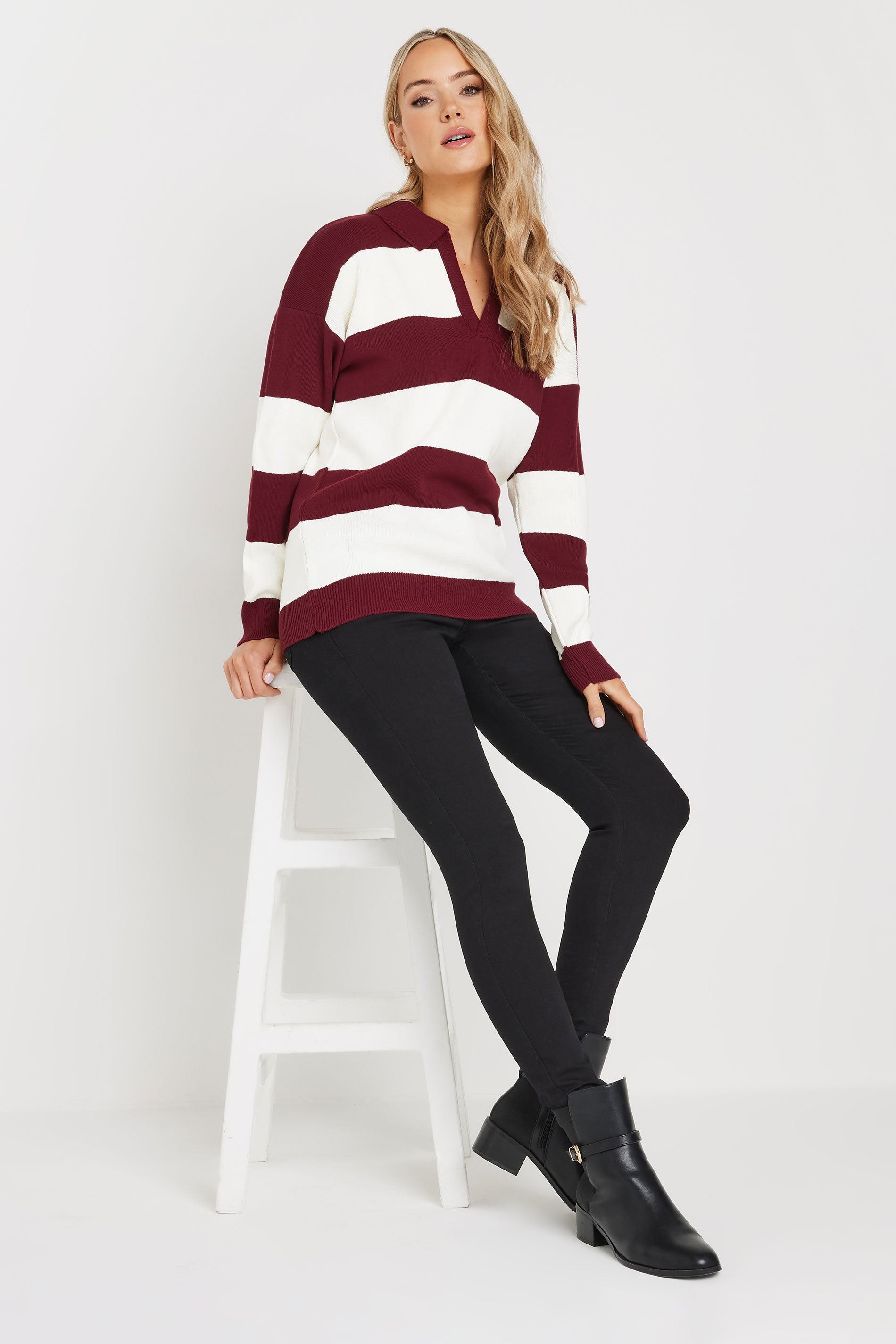LTS Tall Burgundy Red Knitted Stripe Collared Jumper | Long Tall Sally 2