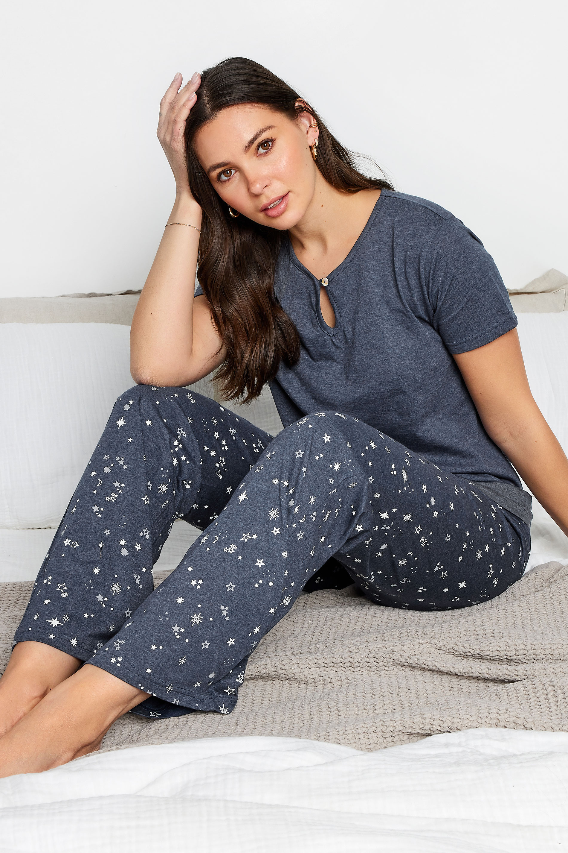 LTS Tall Womens Navy Blue Star Print Wide Leg Pyjama Set | Long Tall Sally 1