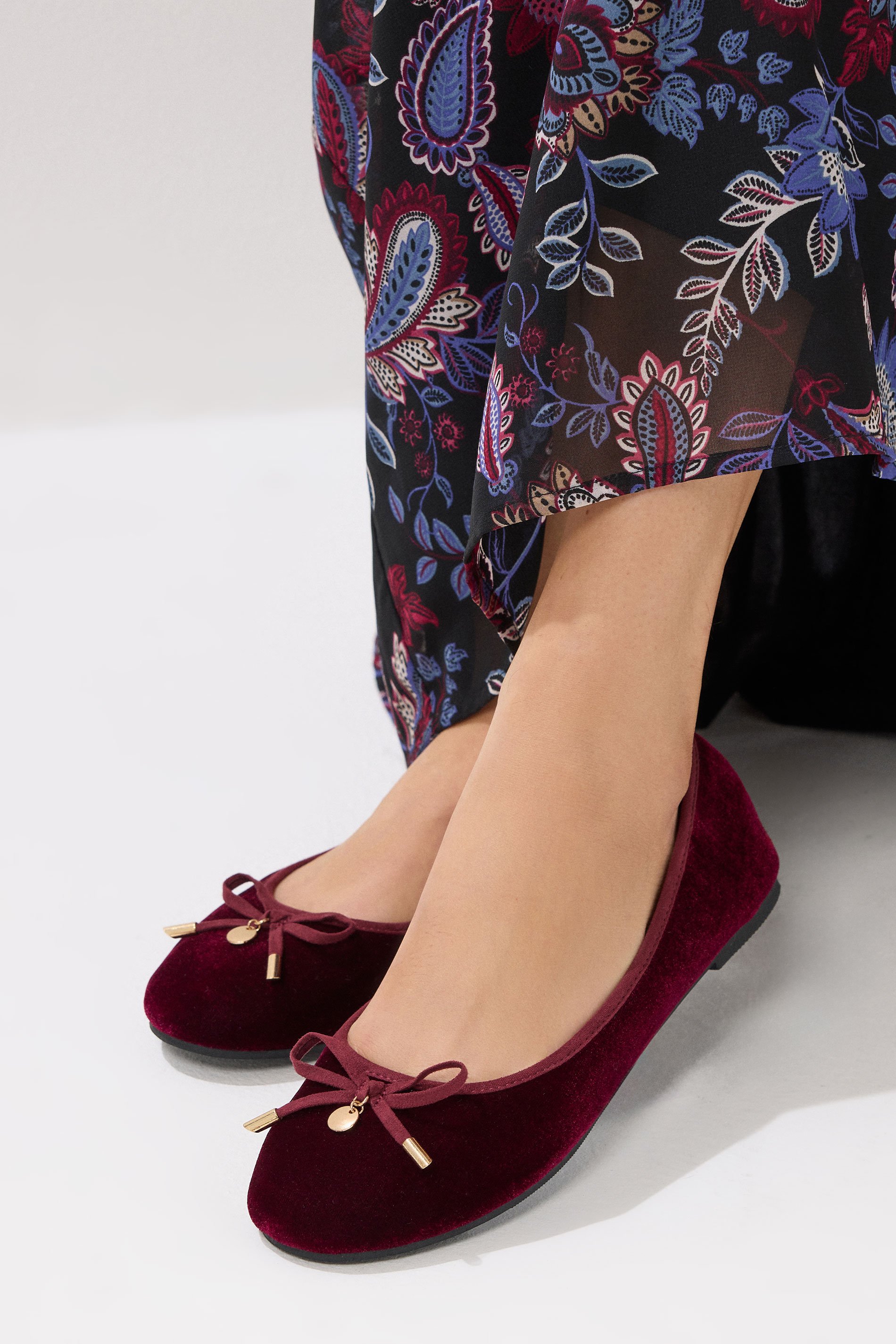 LTS Burgundy Red Velvet Bow Ballerina Pumps In Standard Fit | Long Tall Sally 1