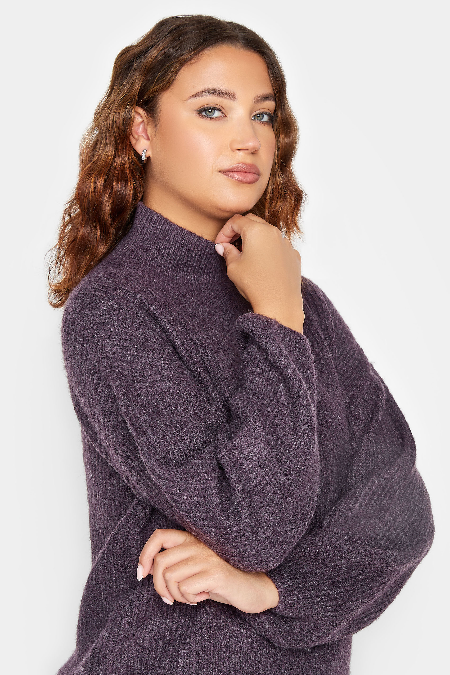LTS Tall Dark Purple Funnel Neck Knitted Jumper | Long Tall Sally  6