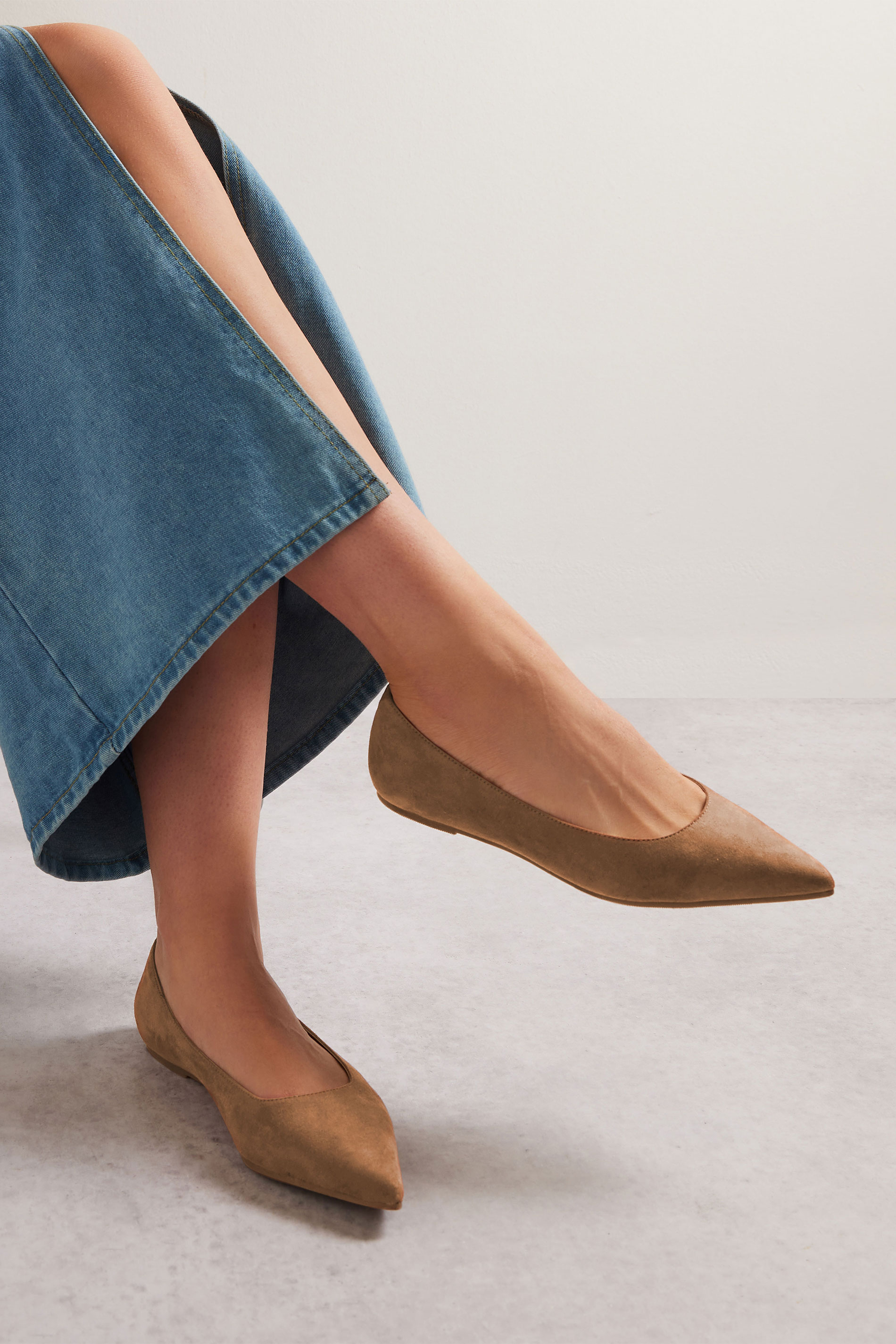LTS Tan Brown Faux Suede Pointed Flats In Standard Fit | Long Tall Sally 1