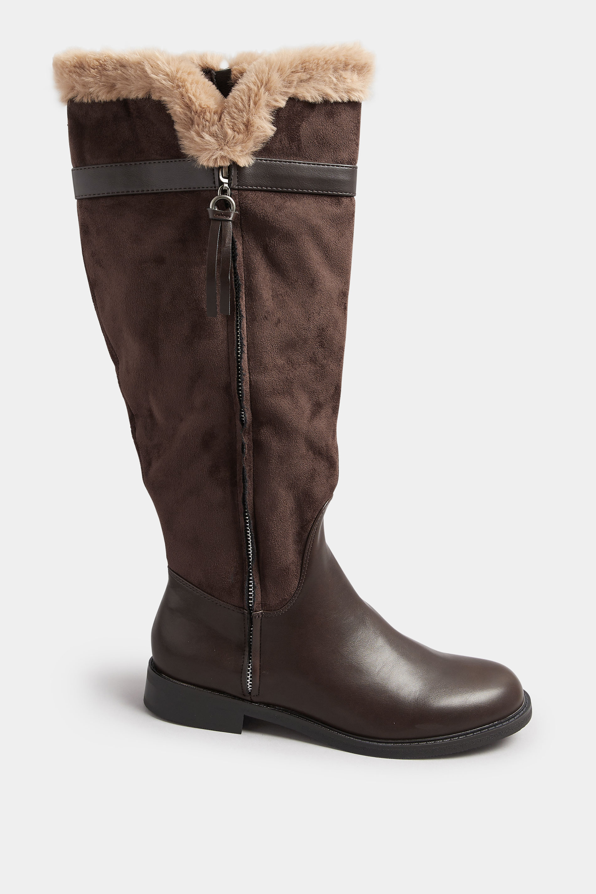 Chocolate Brown Faux Suede Lined Knee High Boots In Standard Fit | Yours Clothing 4