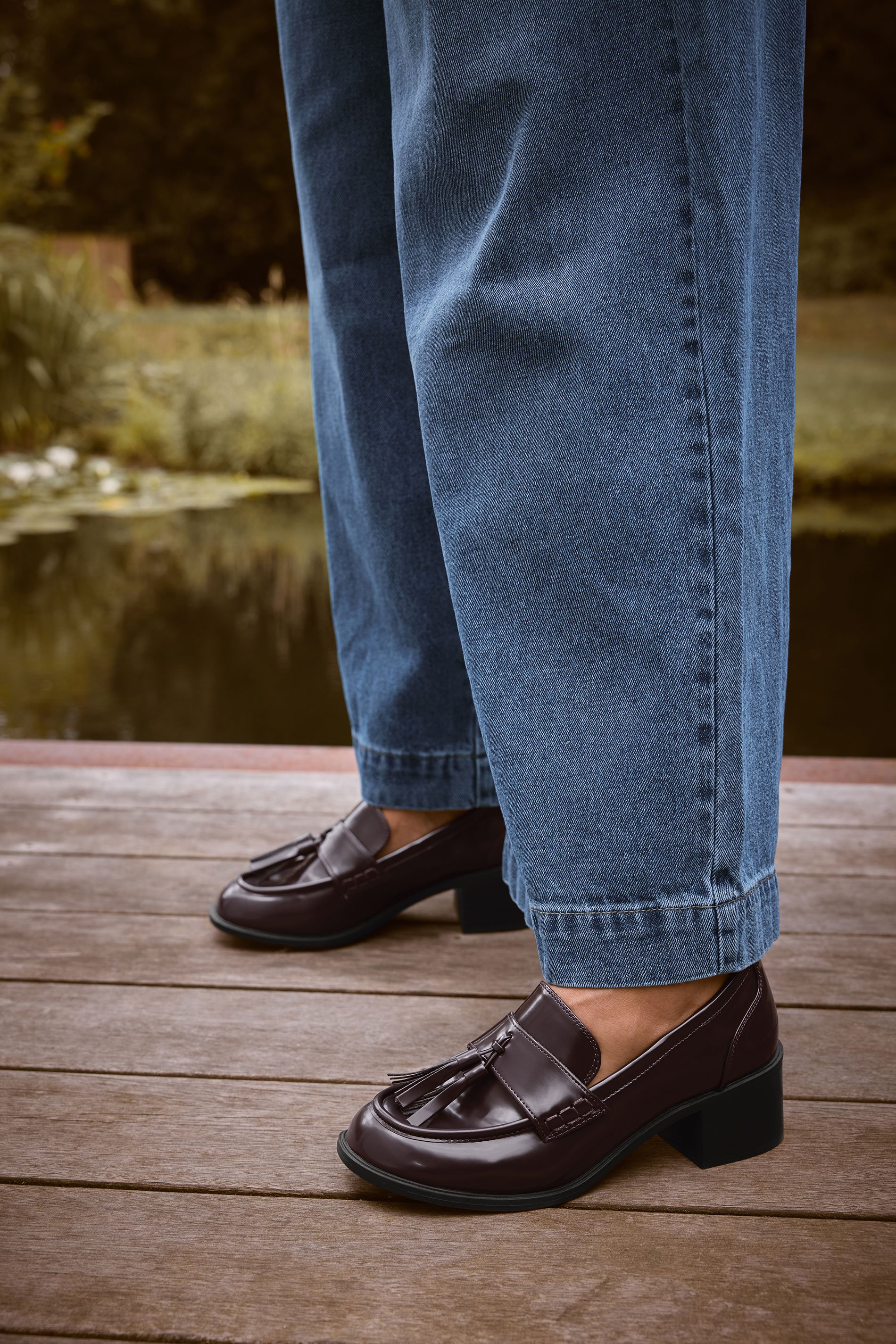 Burgundy Red Patent Heeled Tassel Loafers In Extra Wide EEE Fit | Yours Clothing 1