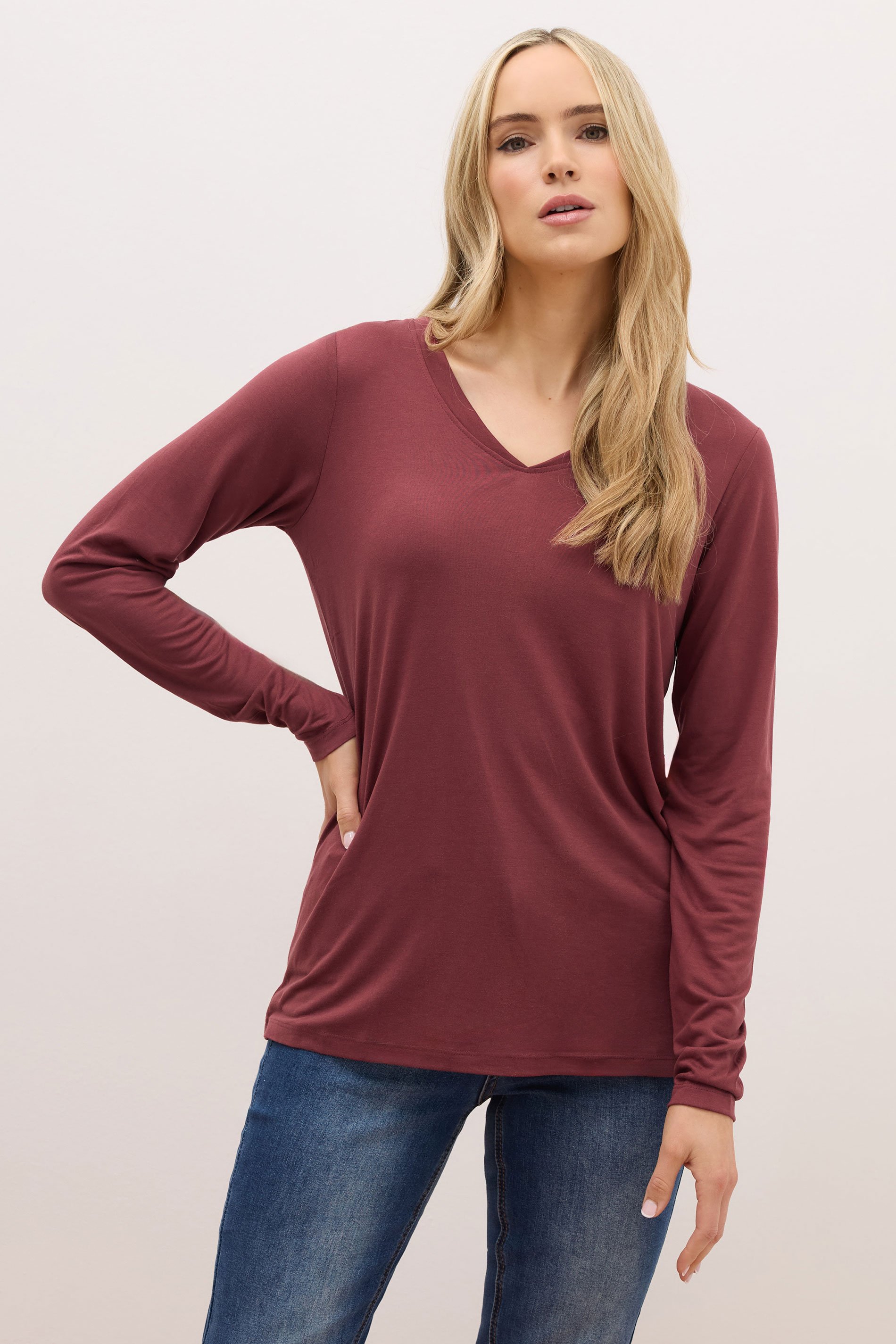 LTS PREMIUM Tall Burgundy Red Long Sleeve V-Neck Top | Long Tall Sally 1