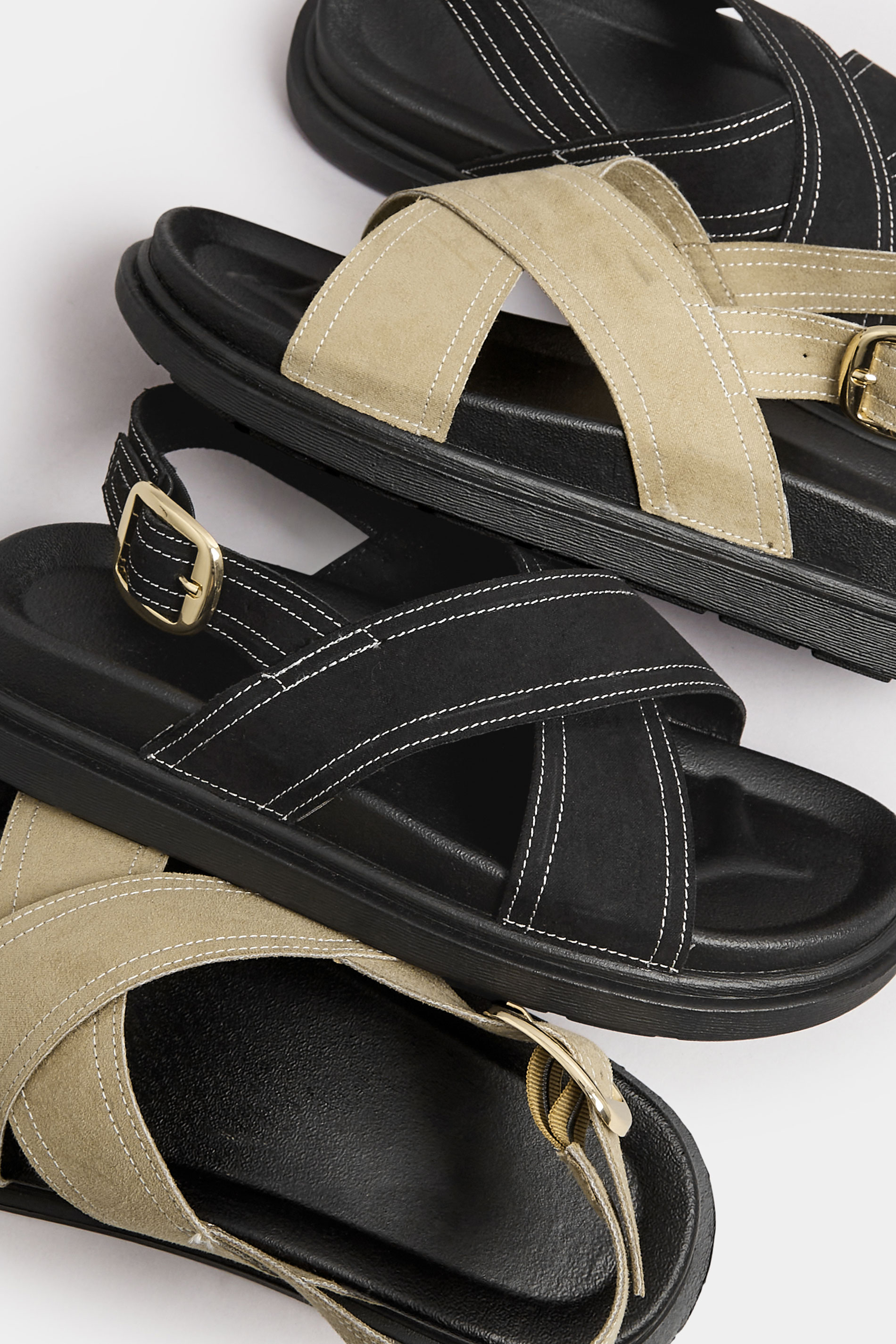 Black Contrast Stitch Cross Strap Sandals In Extra Wide EEE Fit | Yours Clothing 6