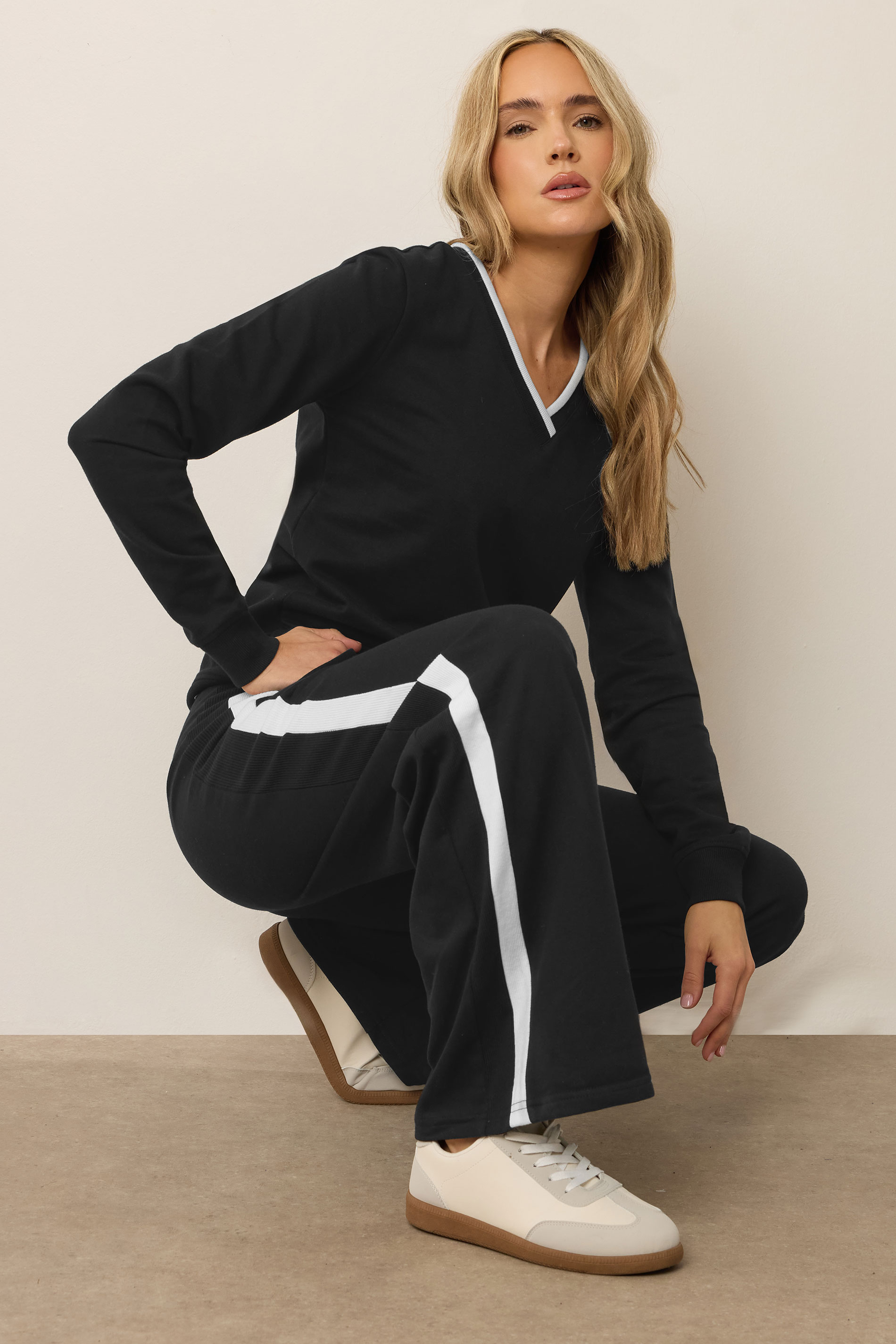 LTS Tall Black Ribbed Striped Wide Leg Joggers | Long Tall Sally 2