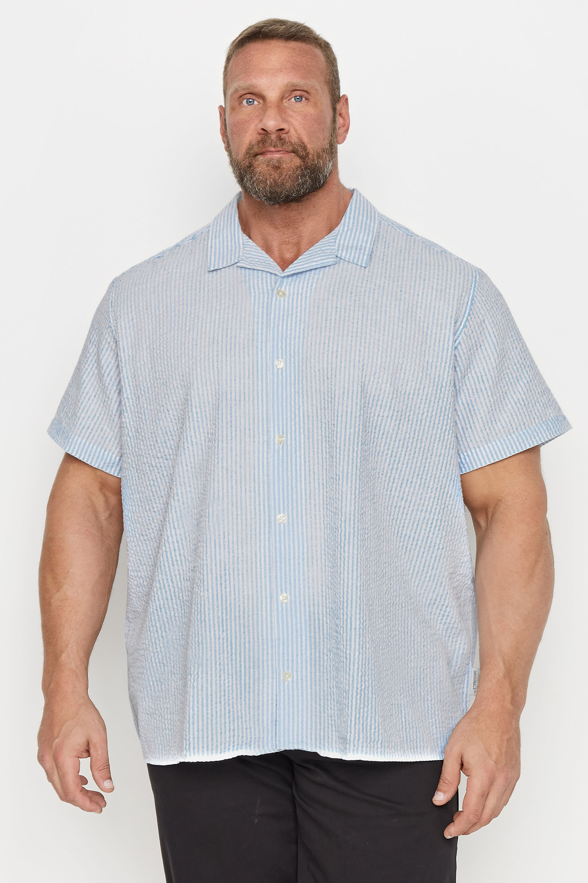 JACK & JONES Big & Tall Light Blue Stripe Revere Collar Seersucker Shirt | BadRhino 1