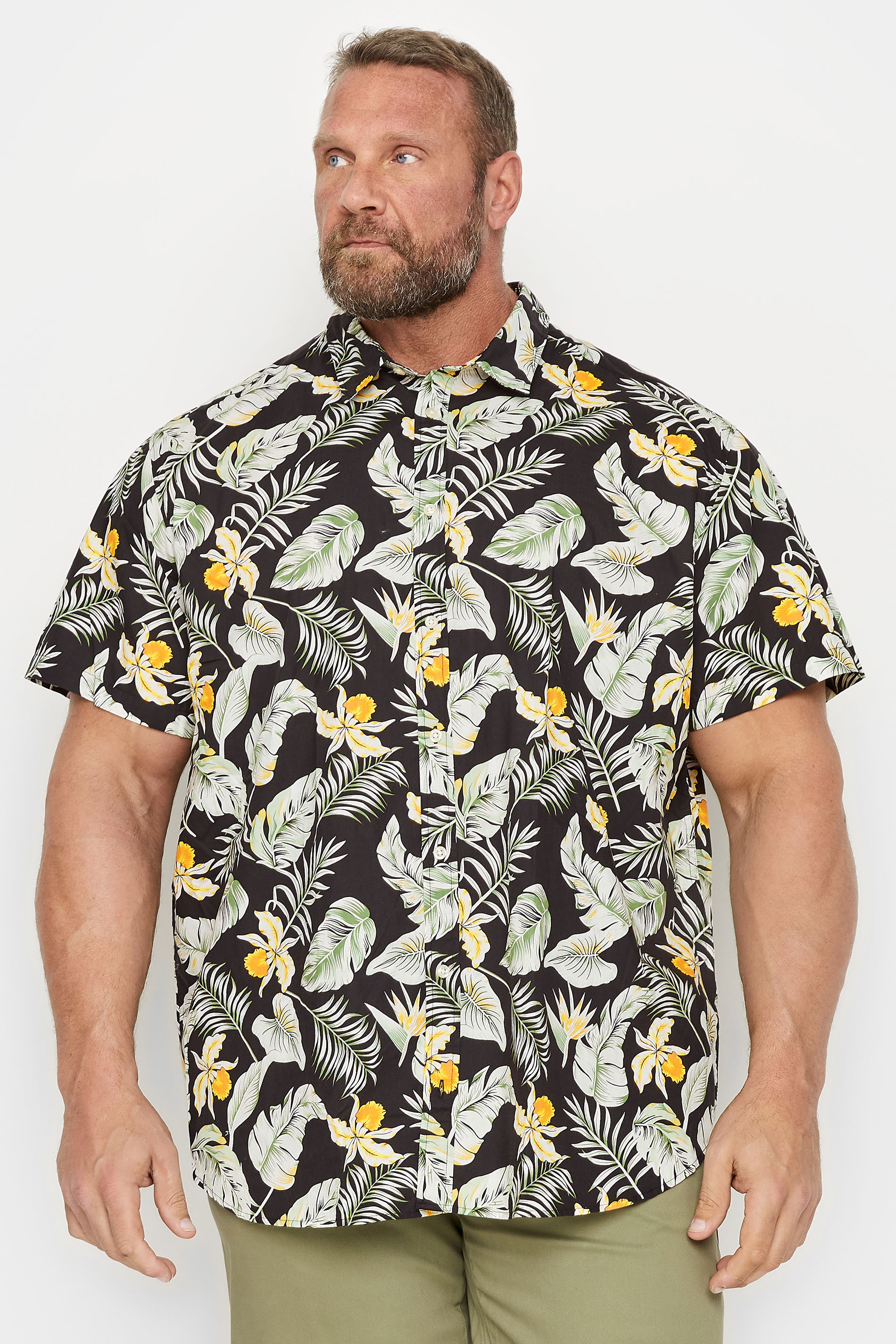 JACK & JONES Big & Tall Black Tropical Print Short Sleeve Cotton Shirt | BadRhino 1