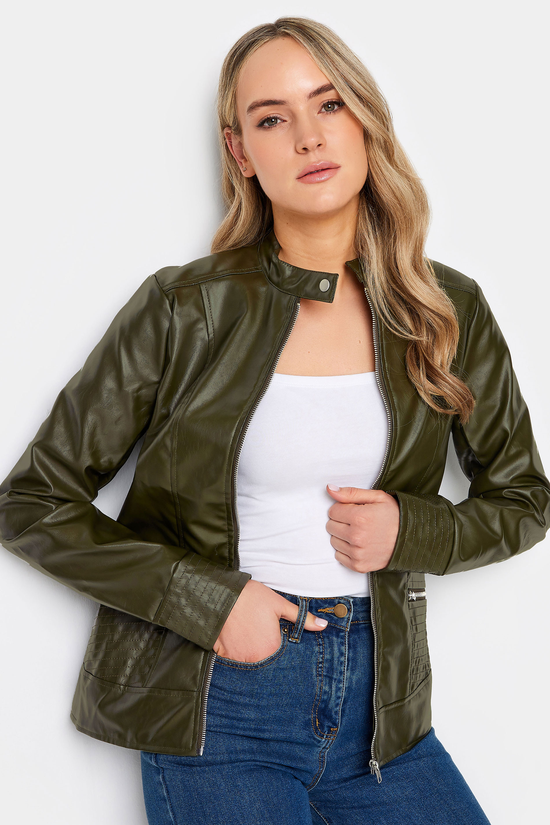 LTS Tall Khaki Green Faux Leather Funnel Neck Jacket | Long Tall Sally  1
