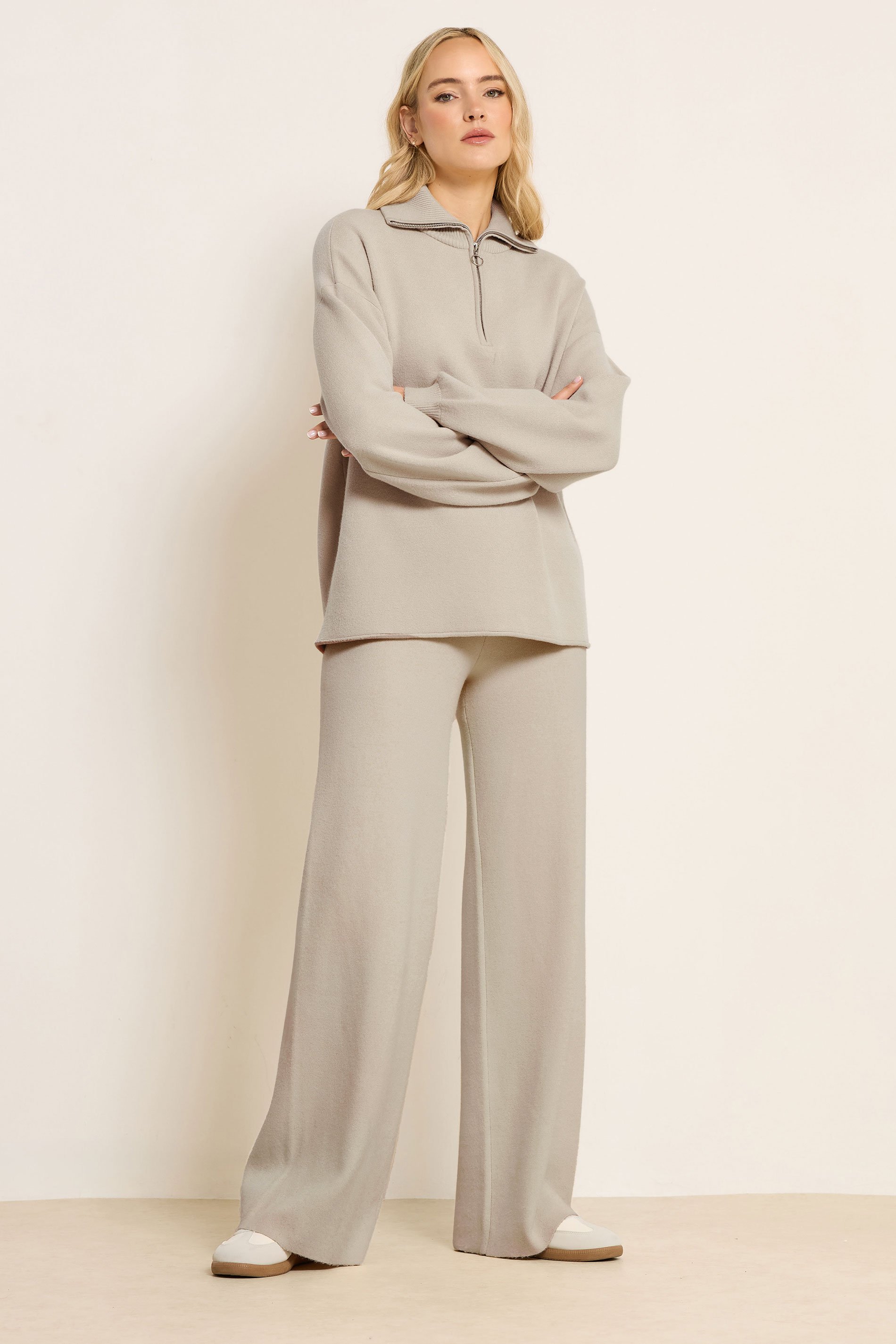 LTS PREMIUM Tall Beige Brown Knitted Wide Leg Trousers | Long Tall Sally 1