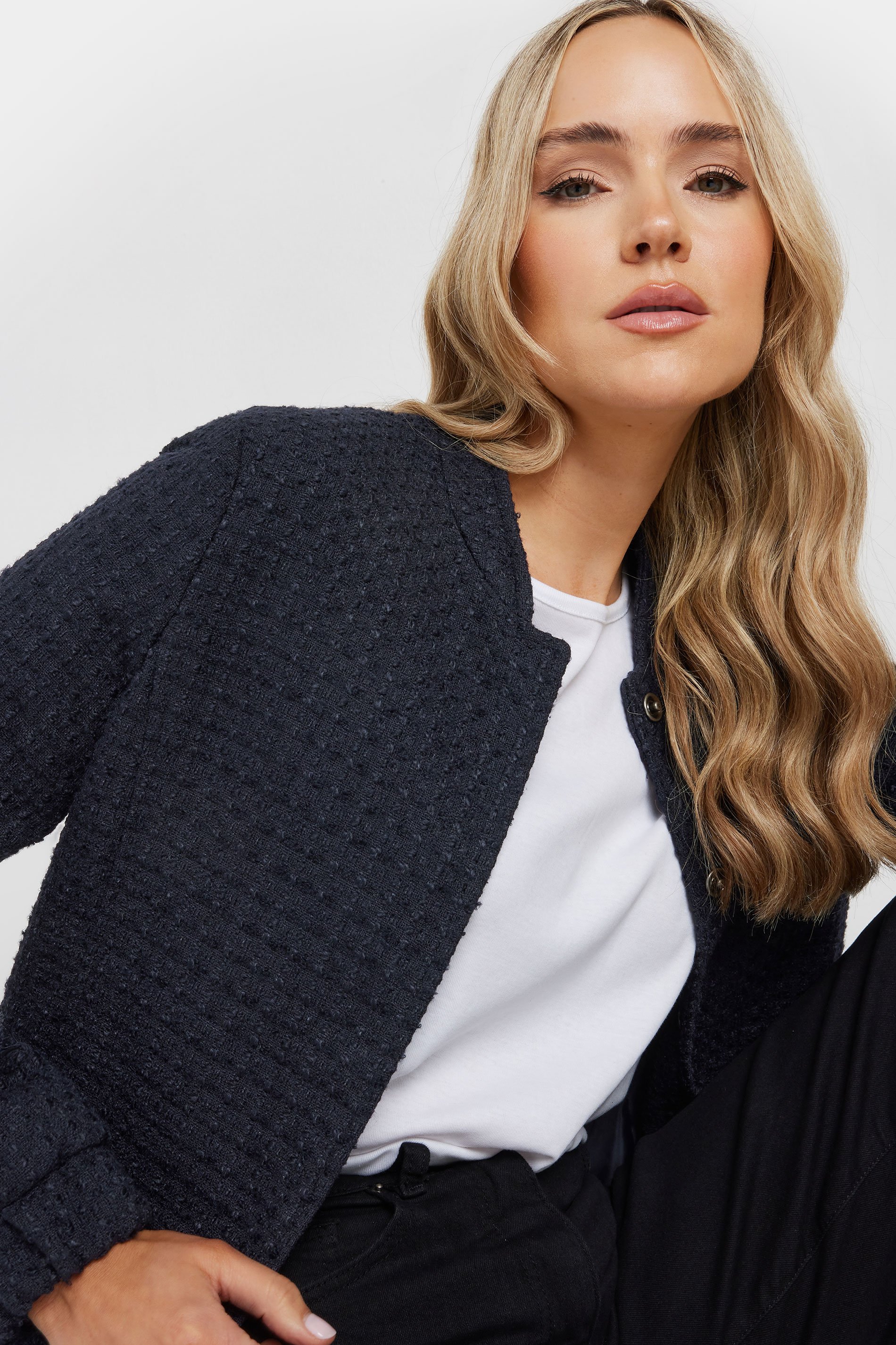 LTS Tall Navy Blue Boucle Tweed Bomber Jacket | Long Tall Sally 4