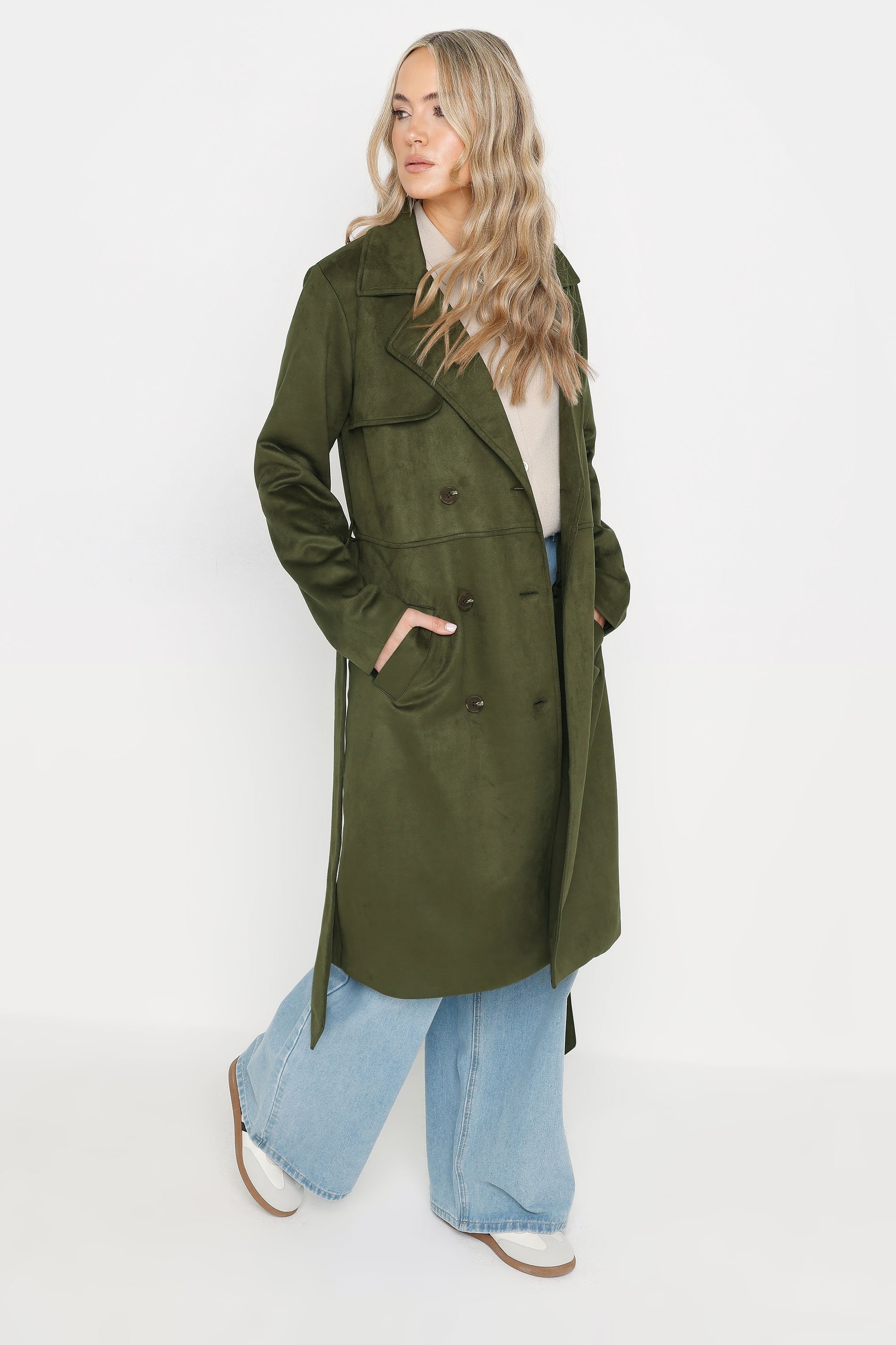 LTS Tall Khaki Green Faux Suede Midi Trench Coat | Long Tall Sally 2
