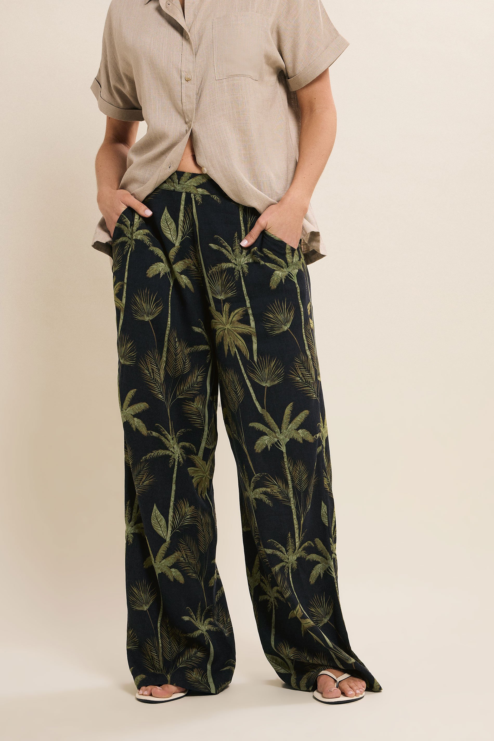 LTS Tall Black Tropical Palm Wide Leg Trousers | Long Tall Sally 3