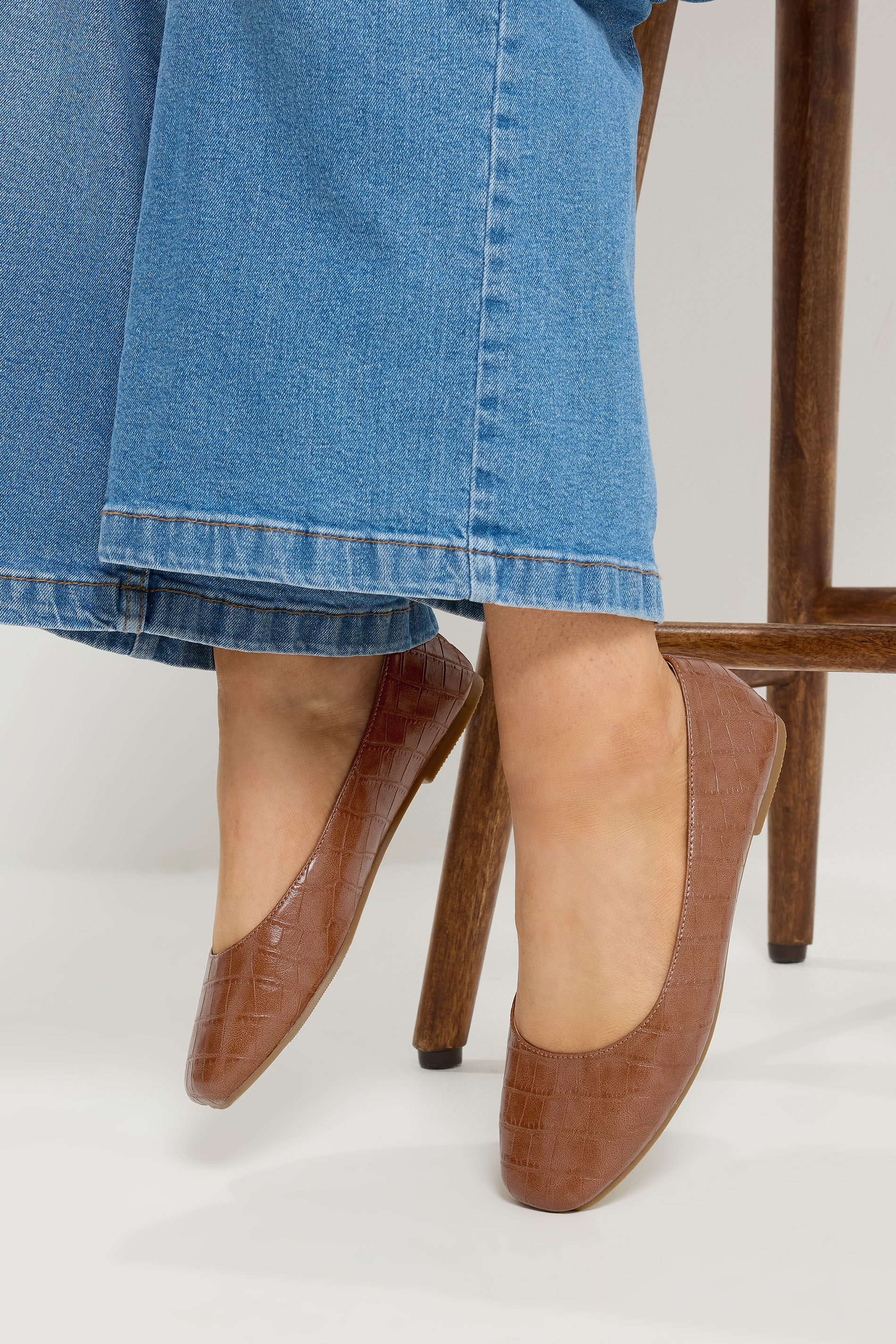 Brown Croc Square Toe Ballet Pumps In Wide E Fit | Yours Clothing 1