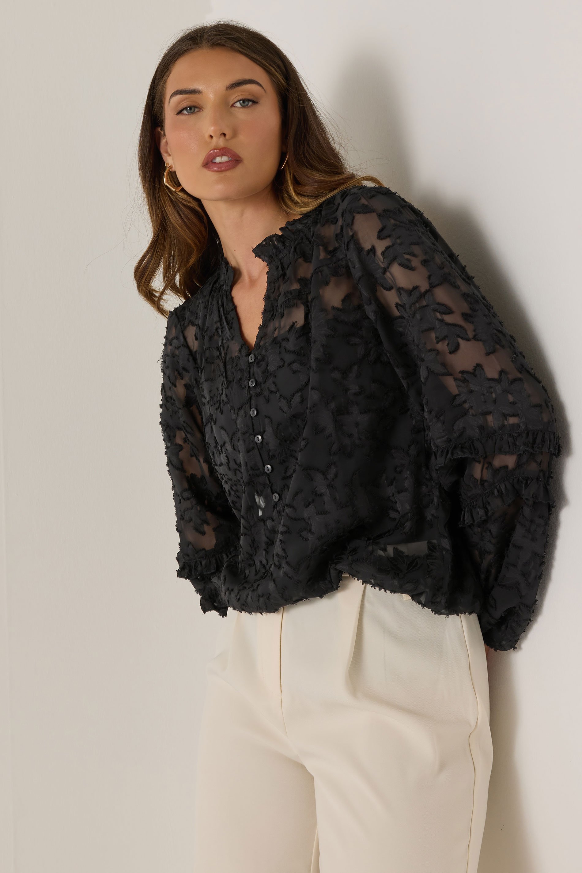 LTS Tall Black Jacquard Floral Blouse | Long Tall Sally