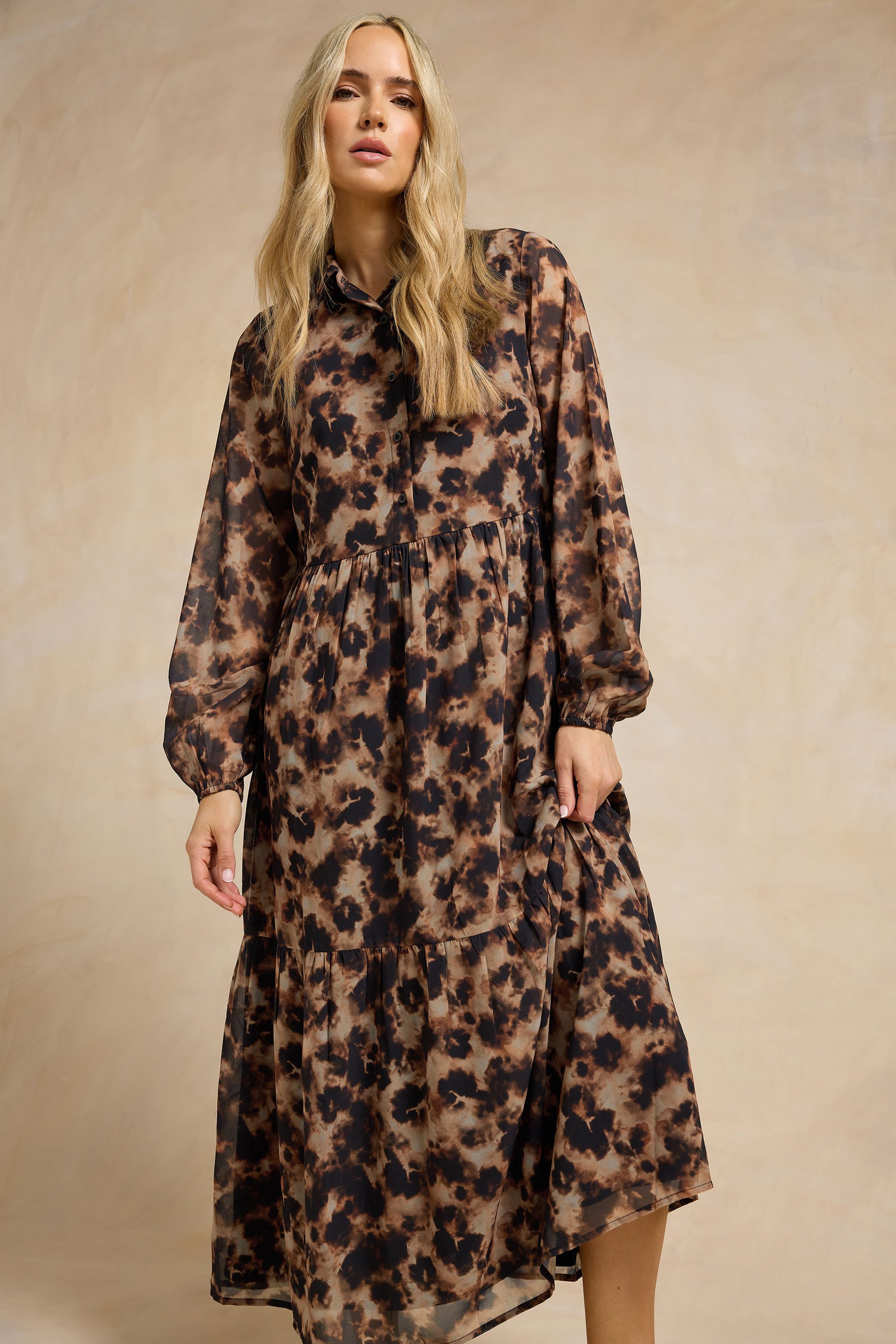 LTS Tall Brown Marble Sheer Tiered Dress | Long Tall Sally 1