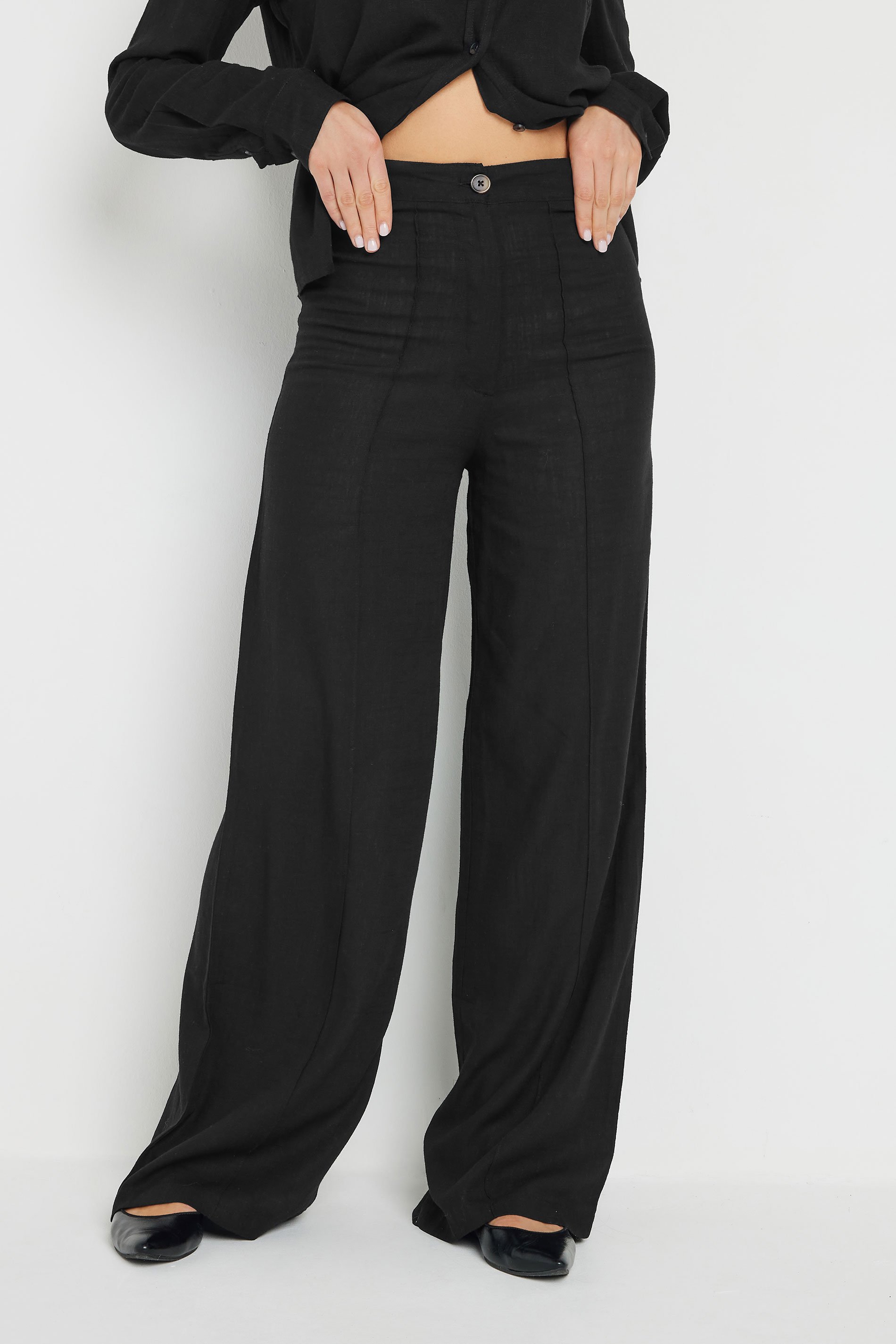 LTS Tall Black Linen Pleated Wide Leg Trousers | Long Tall Sally 2