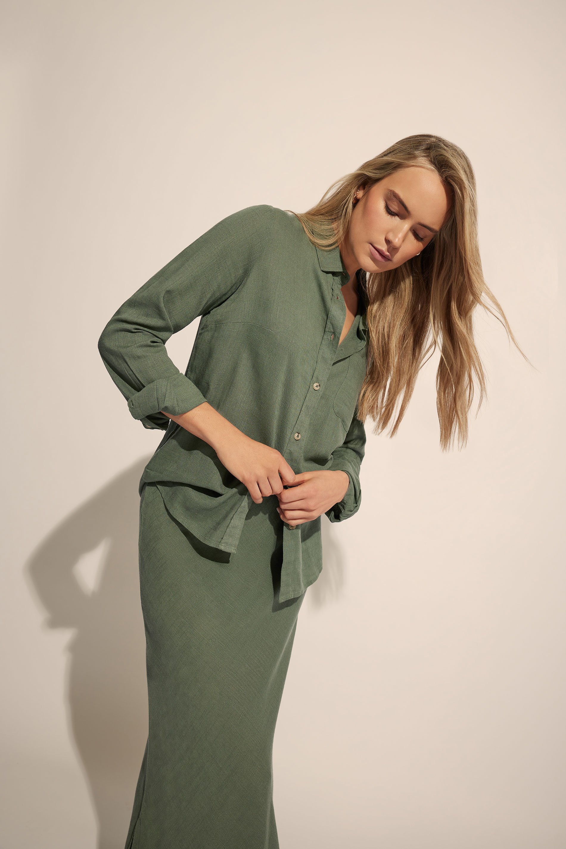 LTS Tall Khaki Green Linen Oversized Long Sleeve Shirt | Long Tall Sally 1