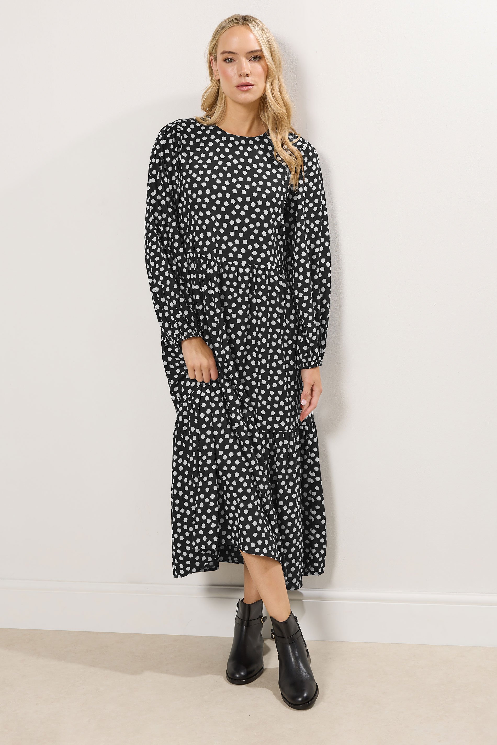 LTS Tall Women's Black Spot Print Tiered Smock Dress | Long Tall Sally 2